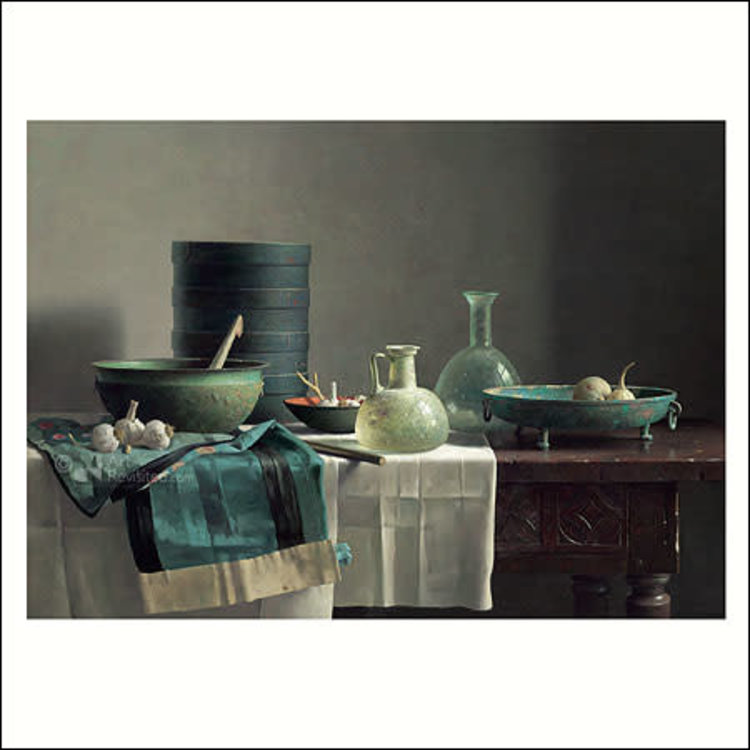 Art Revisited kunstkaart Henk Helmantel - romeinse glas en chinese rok op spaanse tafel