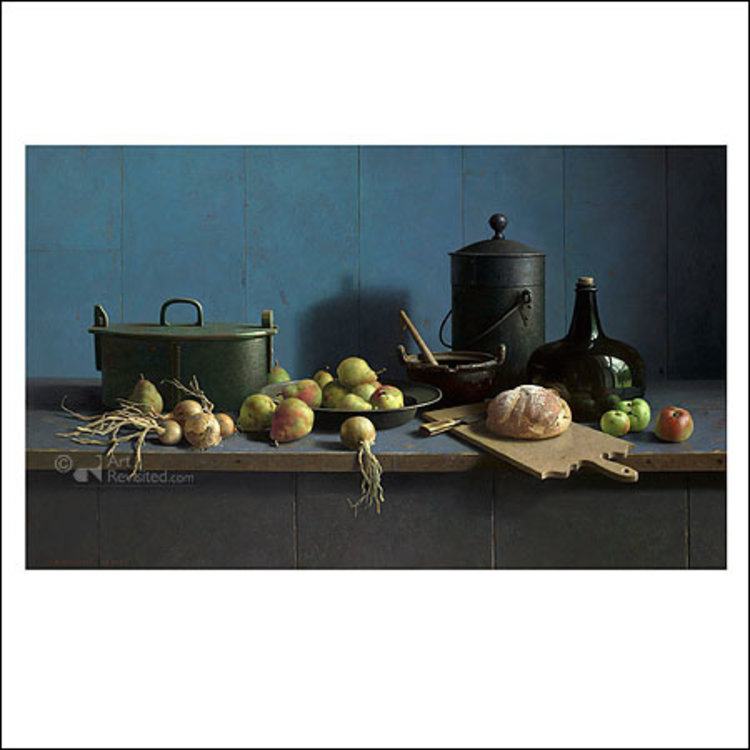 Art Revisited kunstkaart Henk Helmantel - stilleven fruit en brood tegen blauw