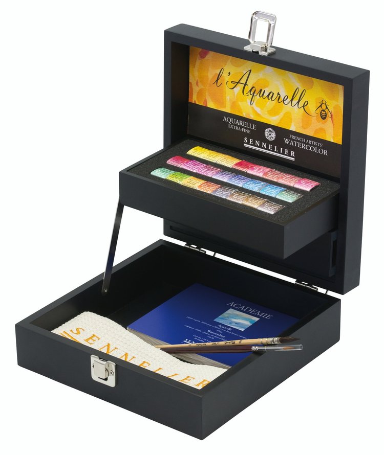 Sennelier aquarelverf zwart houten kist Deluxe 24 napjes
