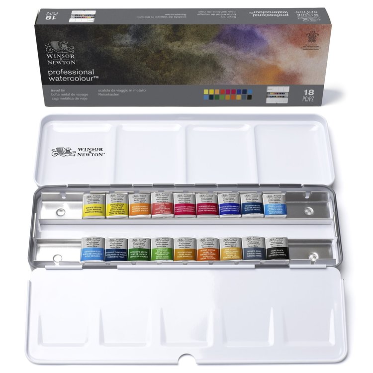 Winsor & Newton aquarelverf PRO blik met 18 napjes