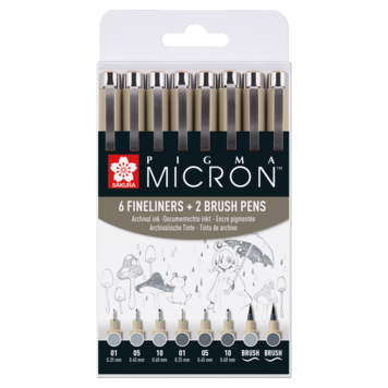 Sakura Pigma Micron grijs 6 + 2 brush