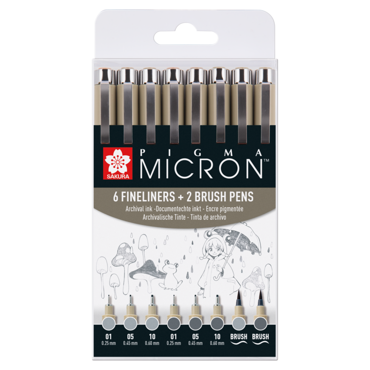 Sakura Pigma Micron grijs 6 + 2 brush