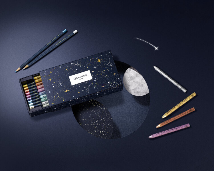 Caran d'Ache Cosmic Blue - mixed media metallic set