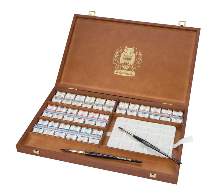 Schmincke (Horadam) houten kist 48 aquarel napjes, porselein palet, penselen