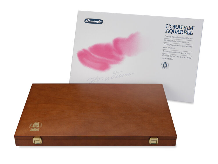 Schmincke (Horadam) houten kist 48 aquarel napjes, porselein palet, penselen