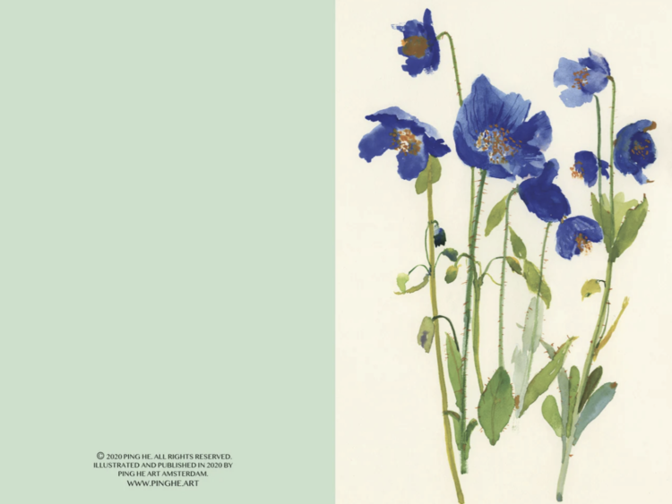 Ping He Art blue poppy - wenskaart met envelop