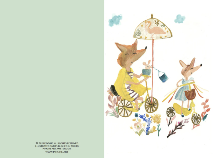Ping He Art summer foxes - wenskaart met envelop