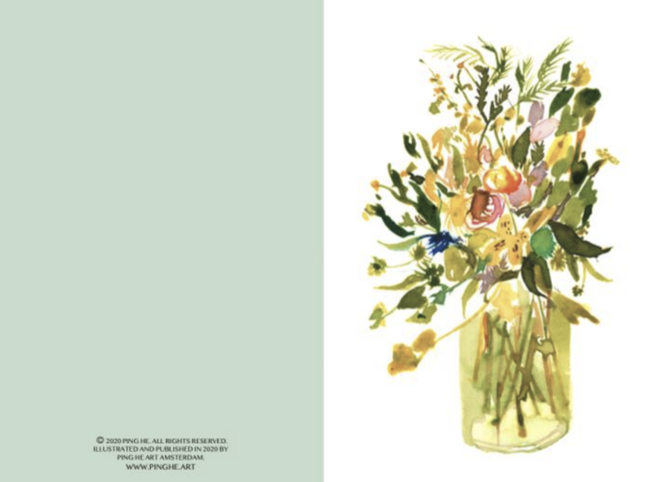 Ping He Art green yellow - wenskaart met envelop