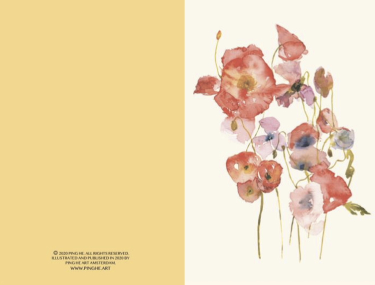 Ping He Art poppies - wenskaart met envelop