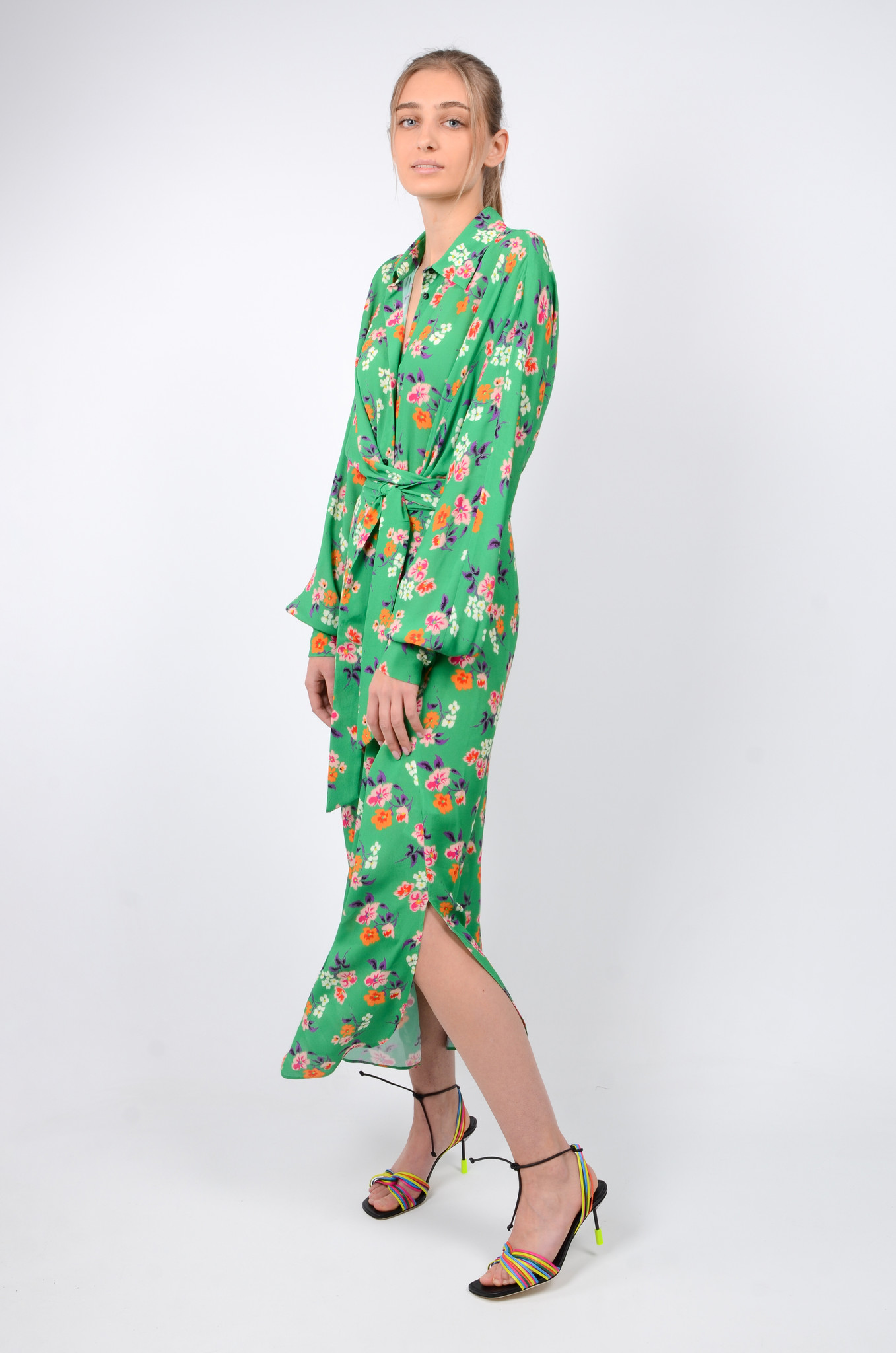 Floral-print Knotted Shirt Dress in Green-3