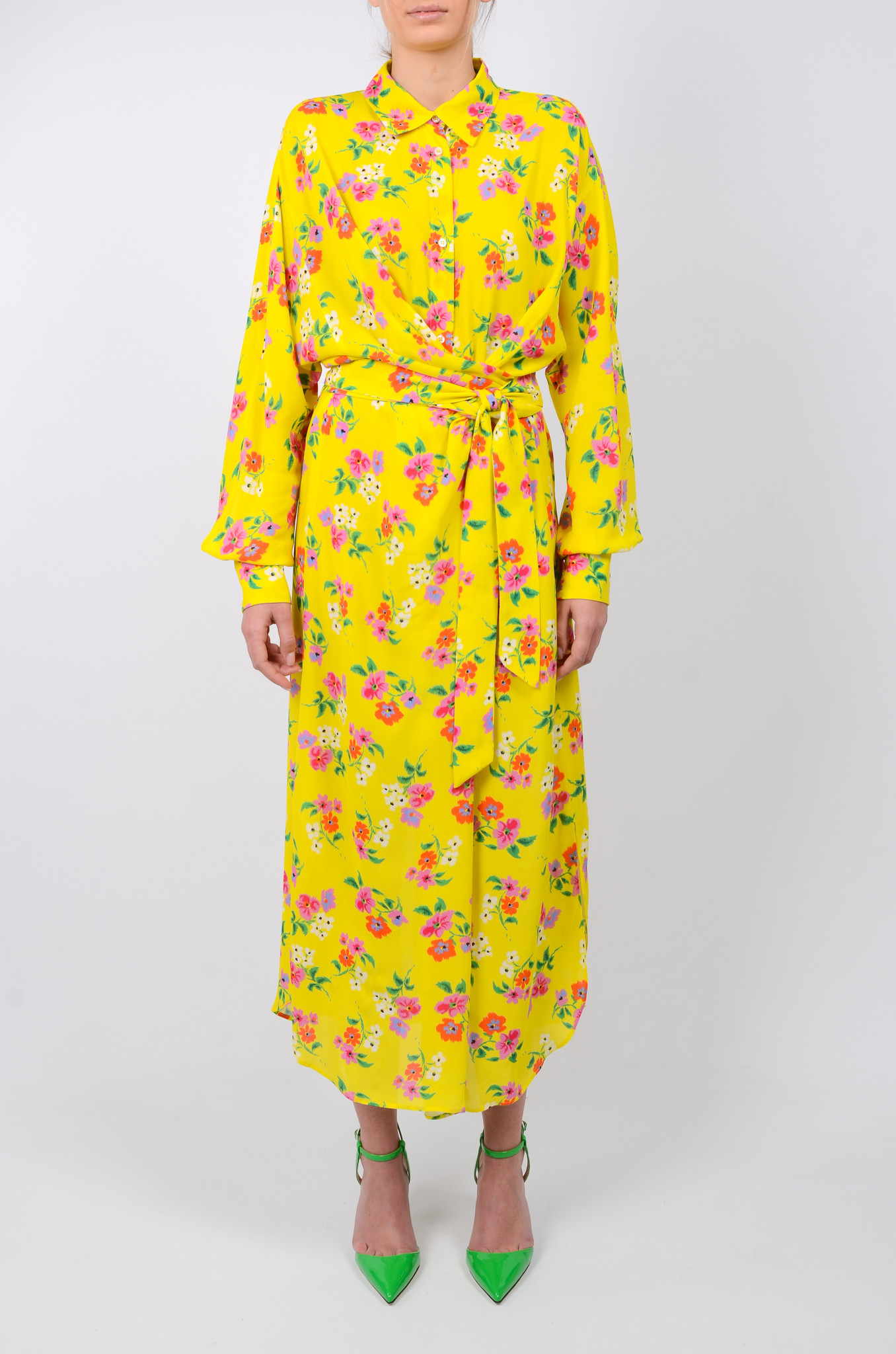 Floral-print Knotted Shirt Dress in Yellow-2