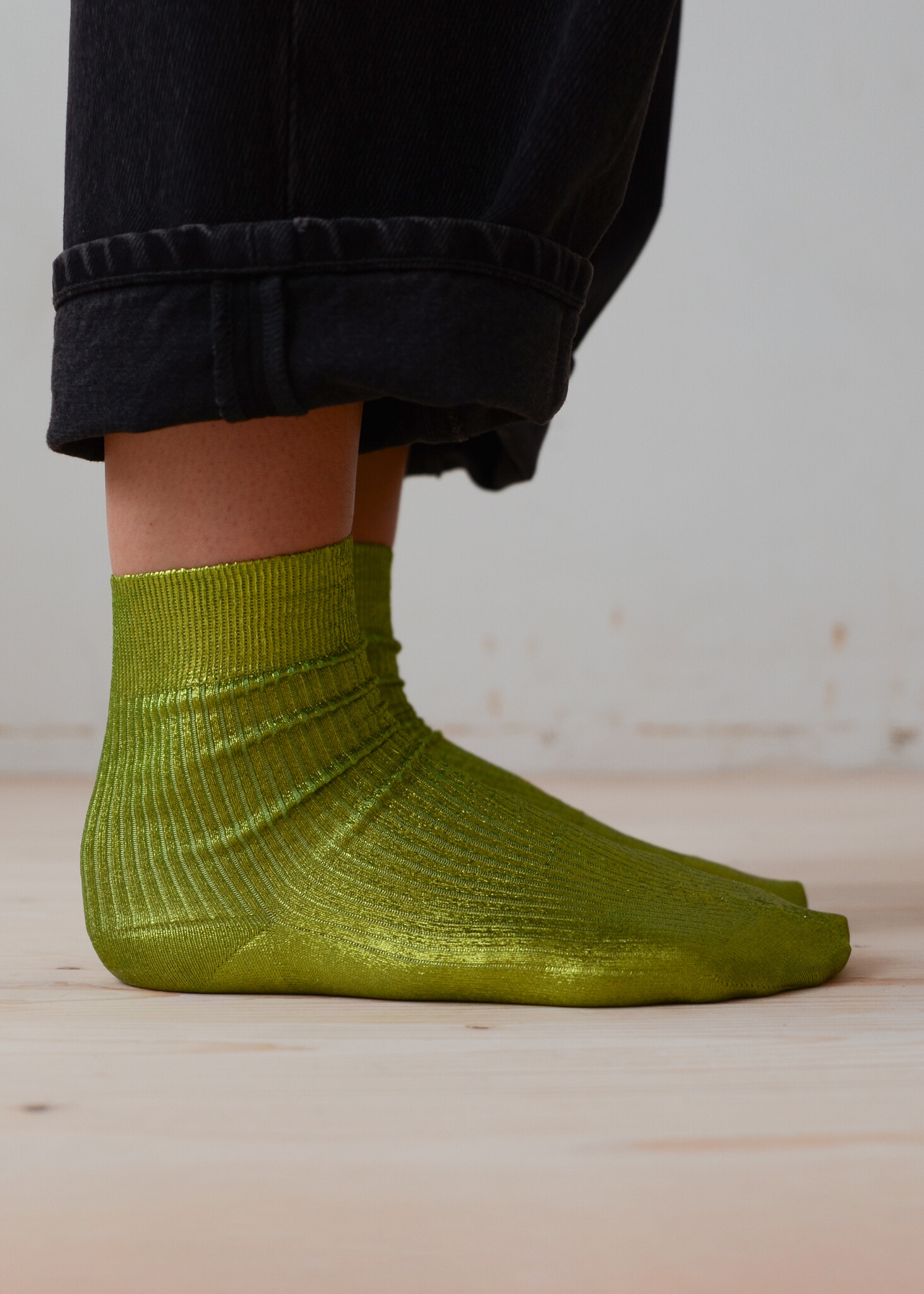 One Ribbed Laminated Socks in Lime-3
