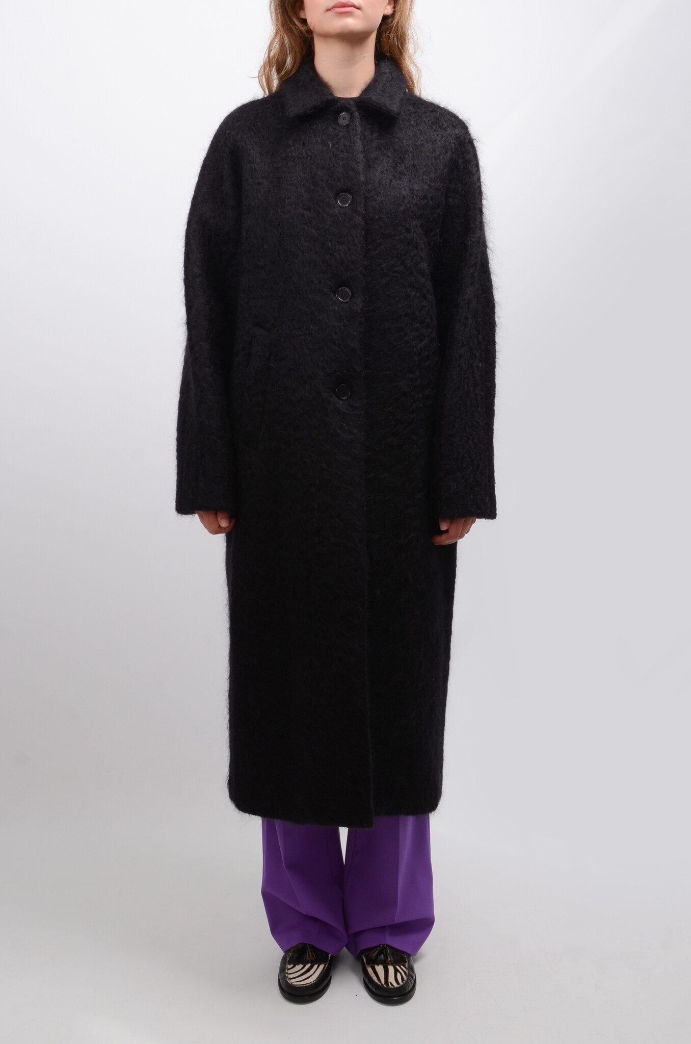 Fluffy Mohair Long Coat in Black-3