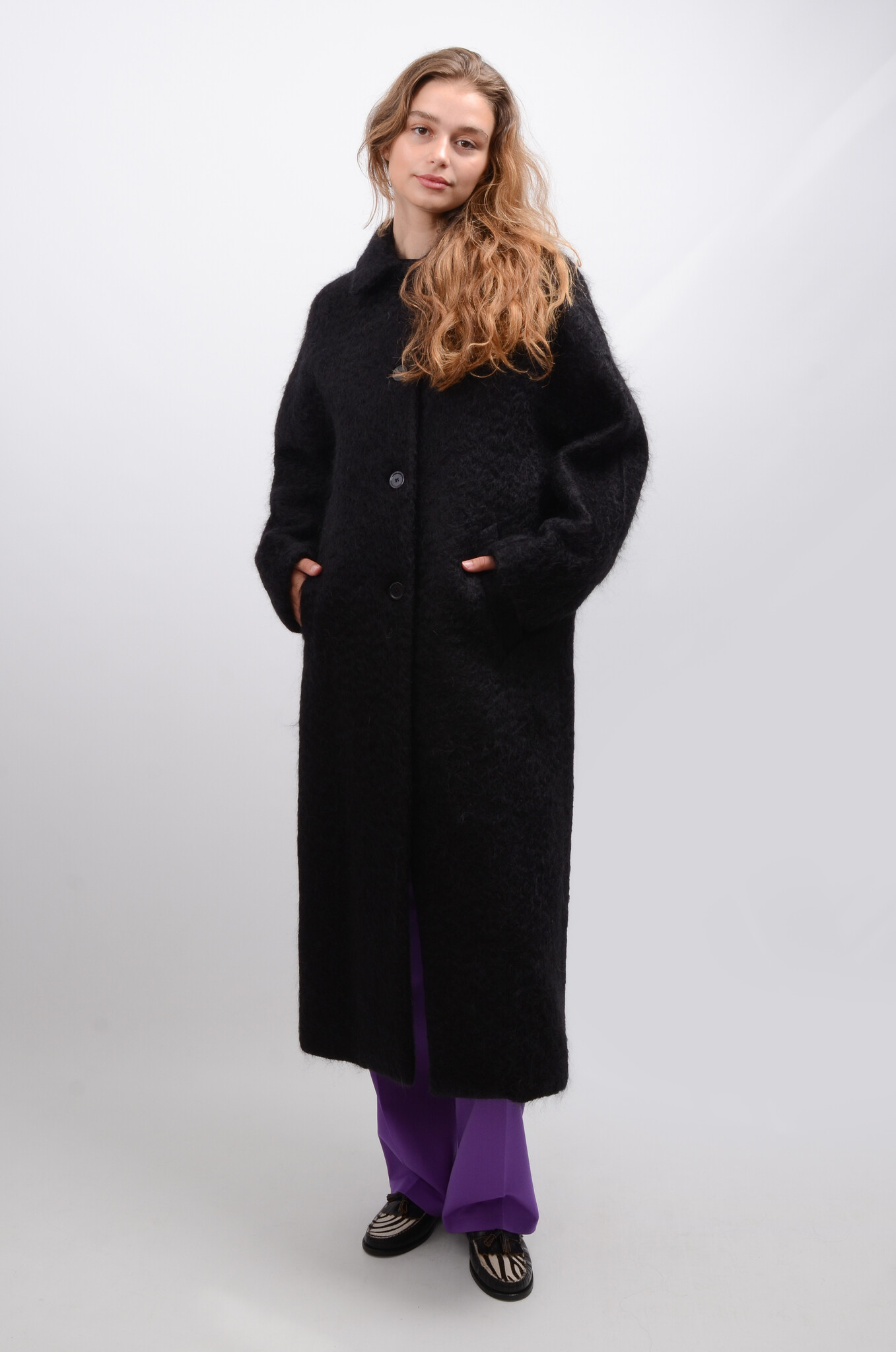 Fluffy Mohair Long Coat in Black-6