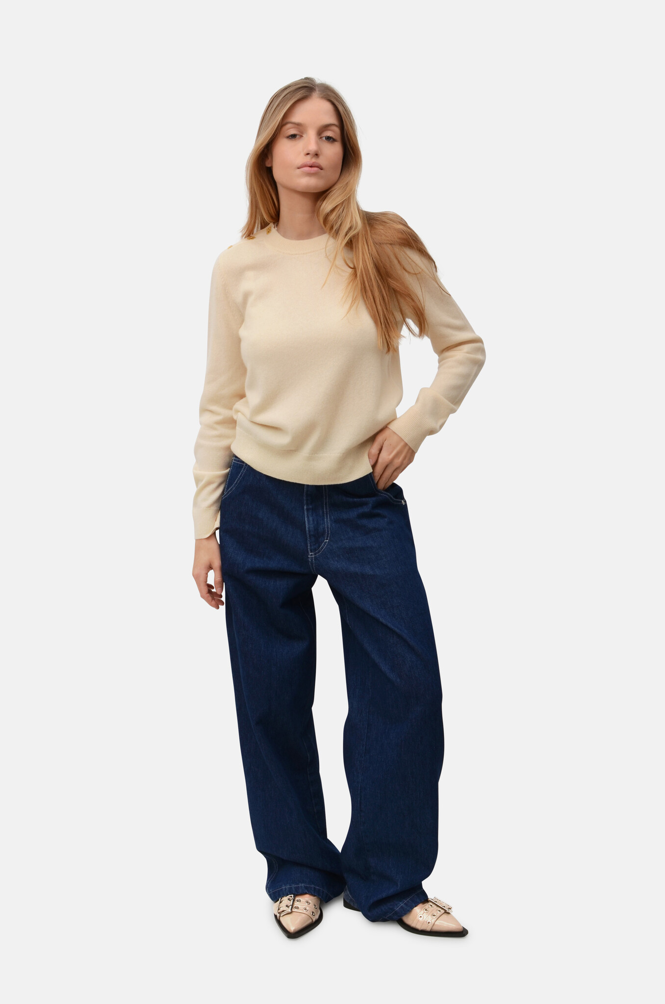 Cream Cashmere Blend O-Neck Pullover-2