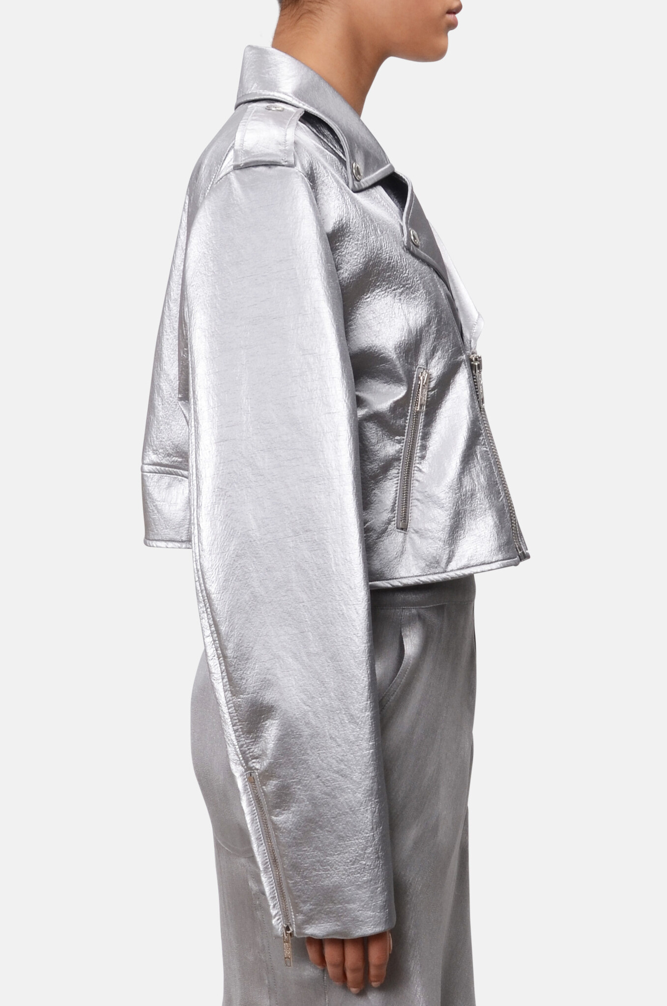 Silver Metallic Cropped Biker Jacket-3