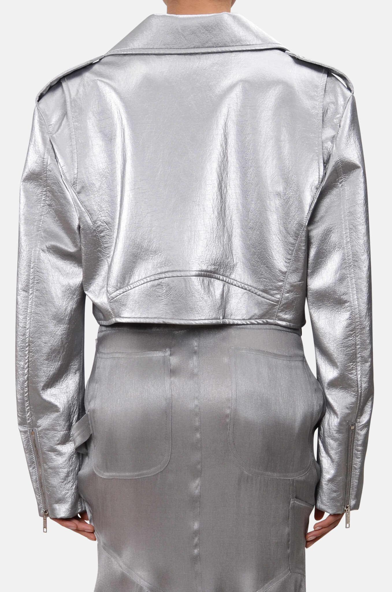 Silver Metallic Cropped Biker Jacket-4