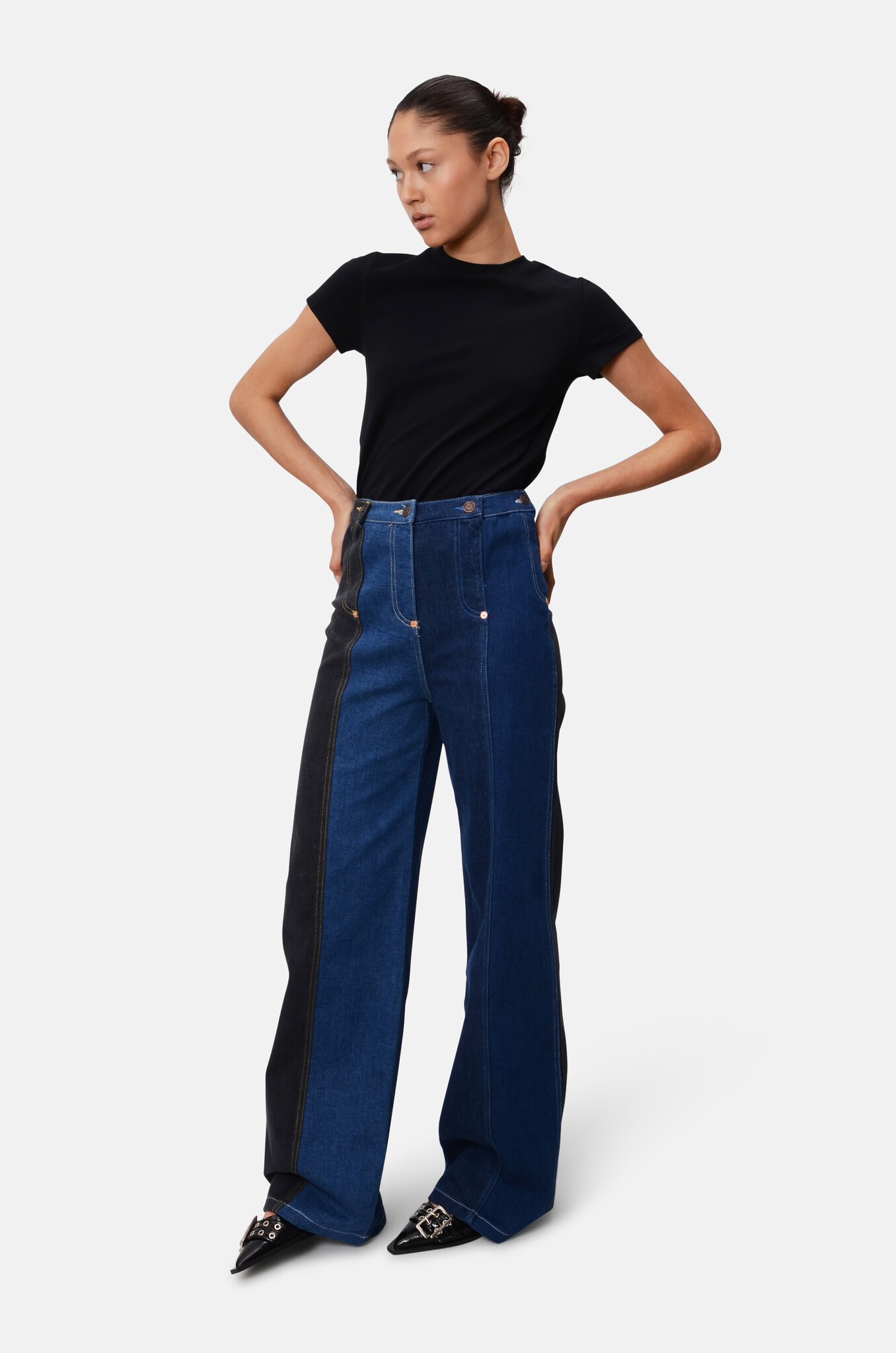 Denim Patchwork Flared Trousers-2