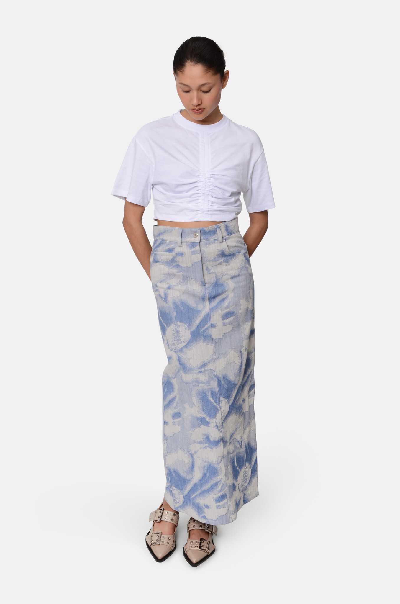 Flower Print Midi Denim Skirt-2