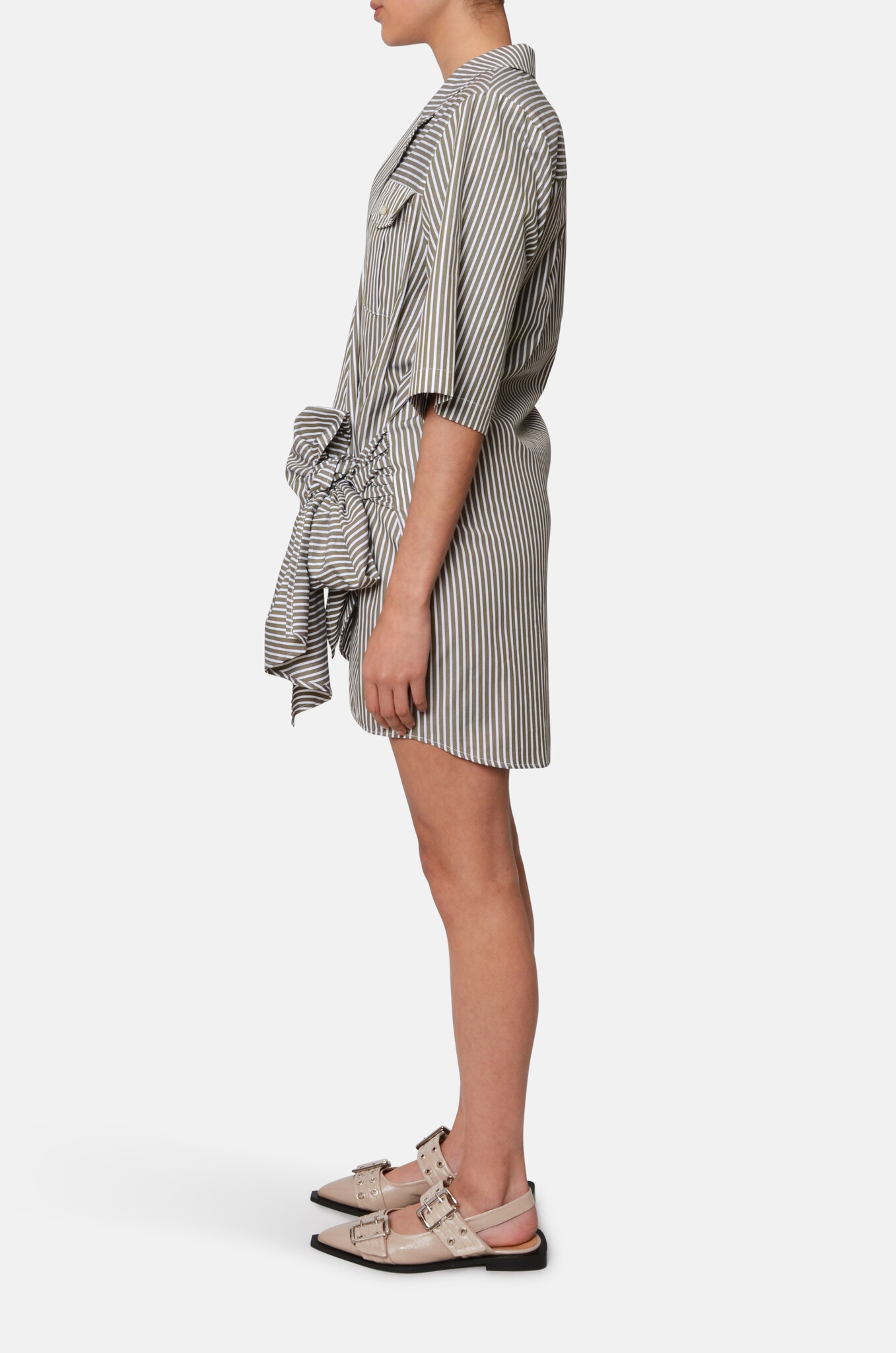 Notch Lapels Shirtdress in Military Green Stripe-3