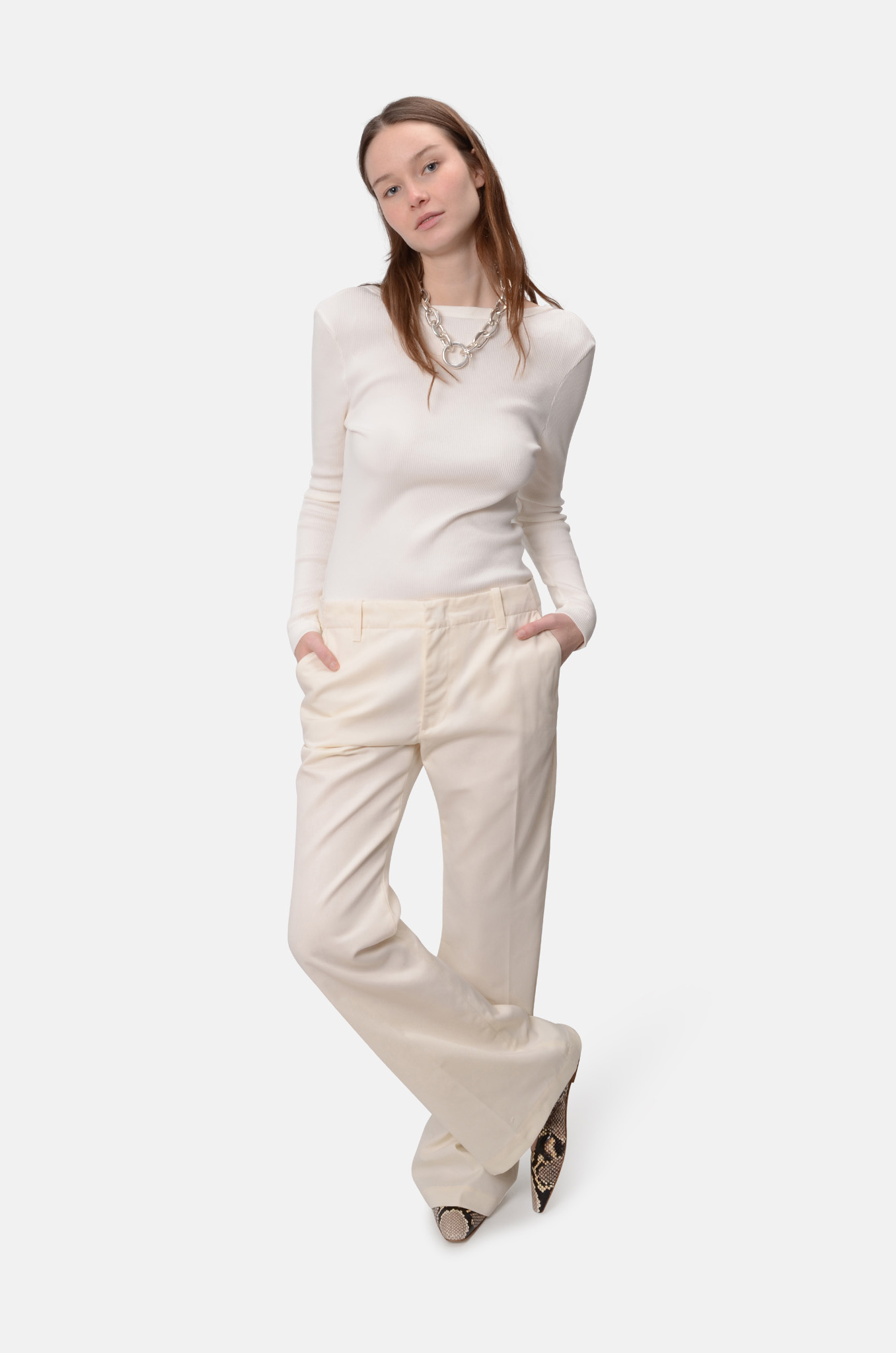 Mid Rise Flared Trouser in Ivory-2