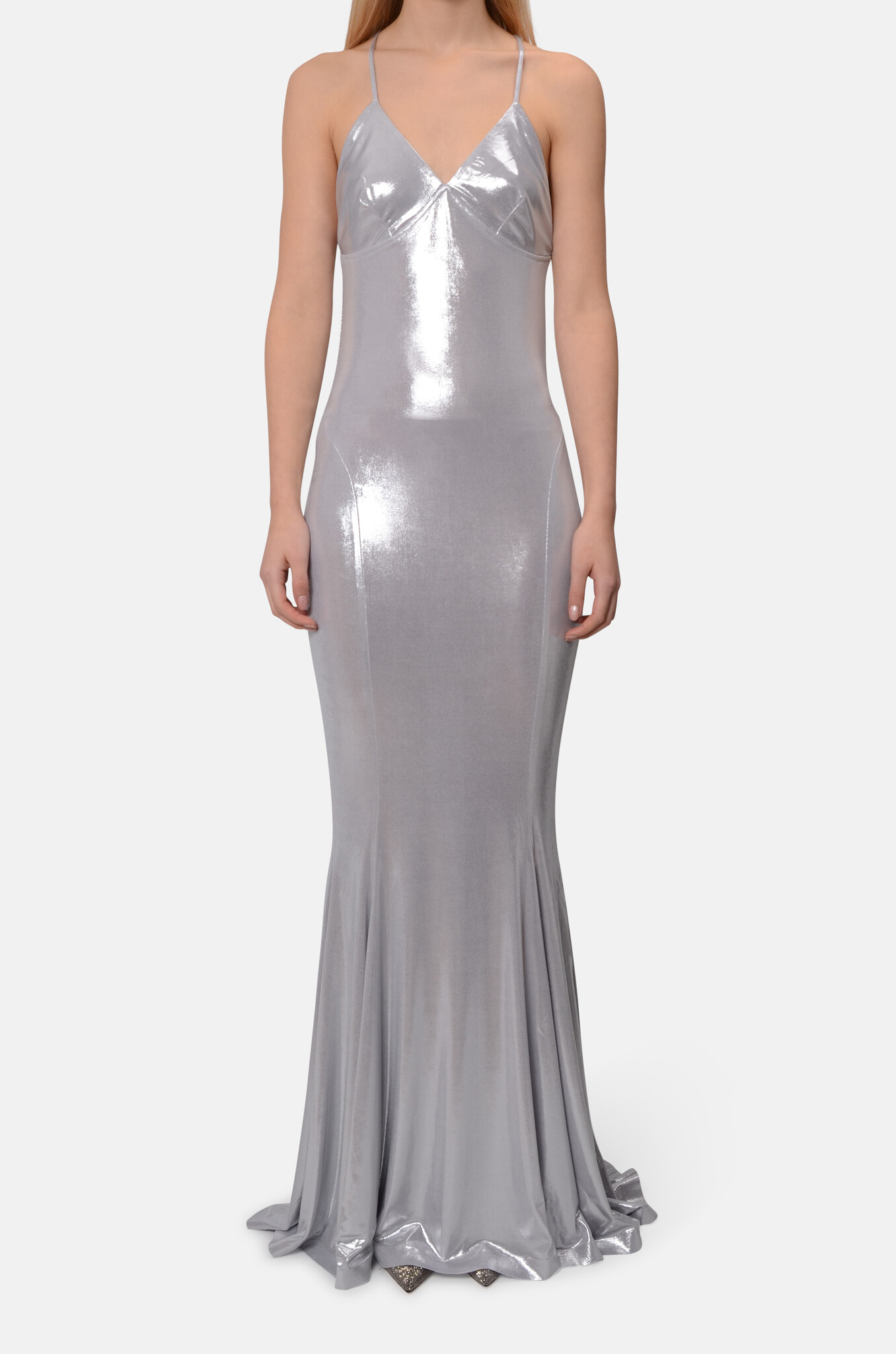 Low Back Slip Fishtail Gown in Silver-1