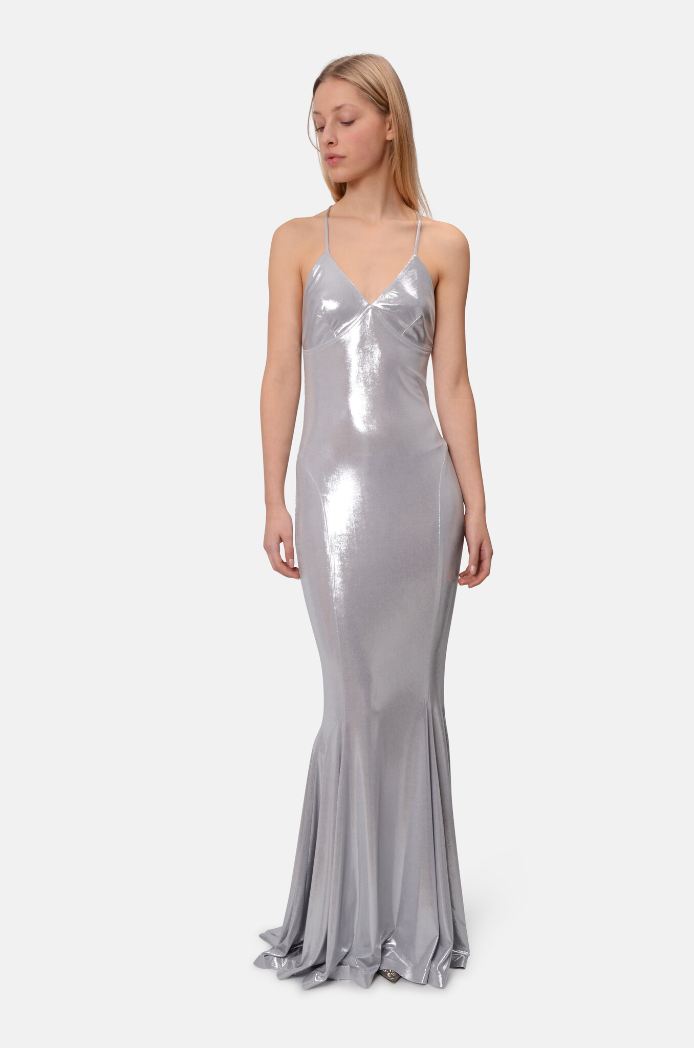 Low Back Slip Fishtail Gown in Silver-5