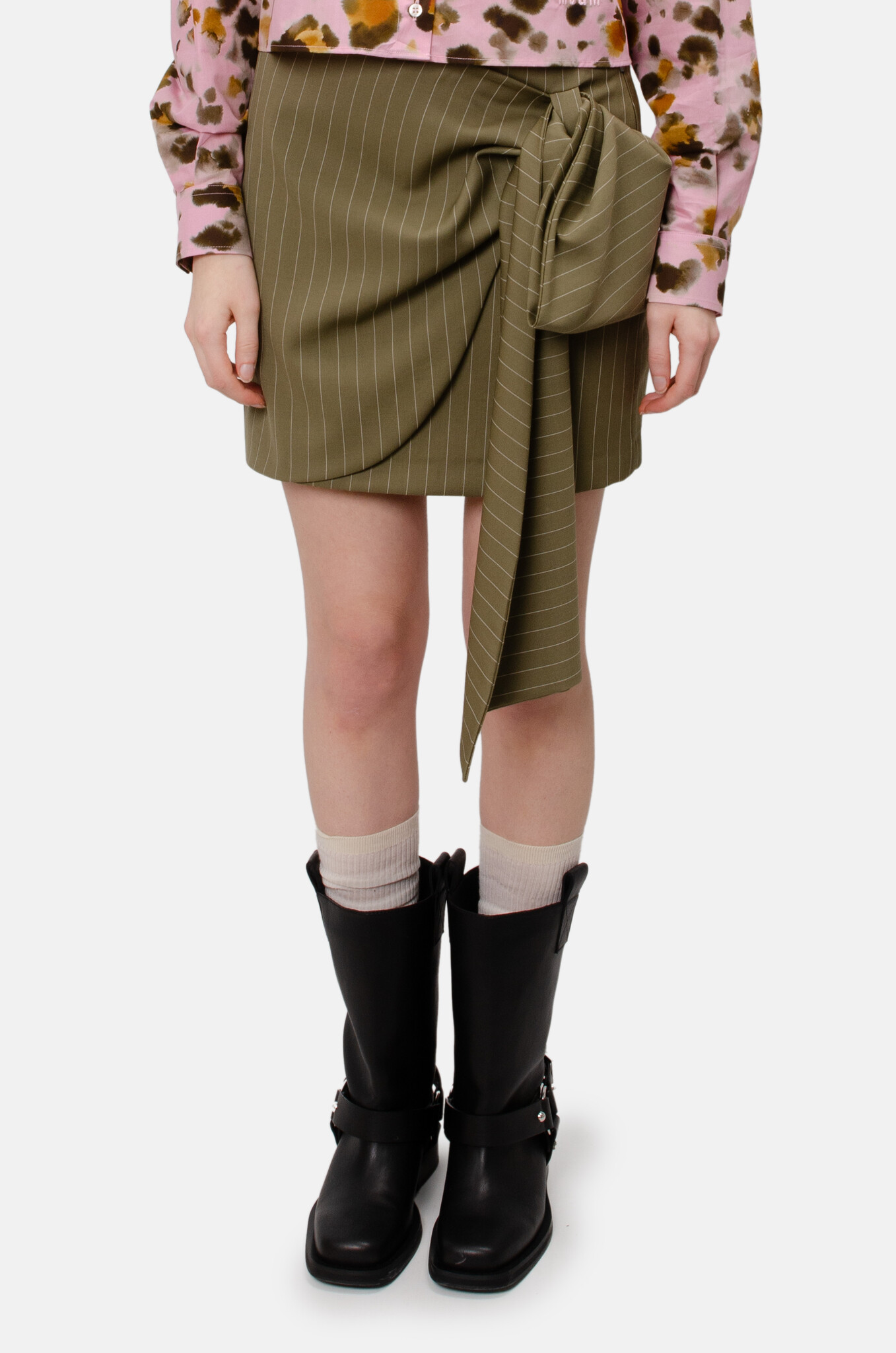 Draped Pinstripe Bow Miniskirt-1