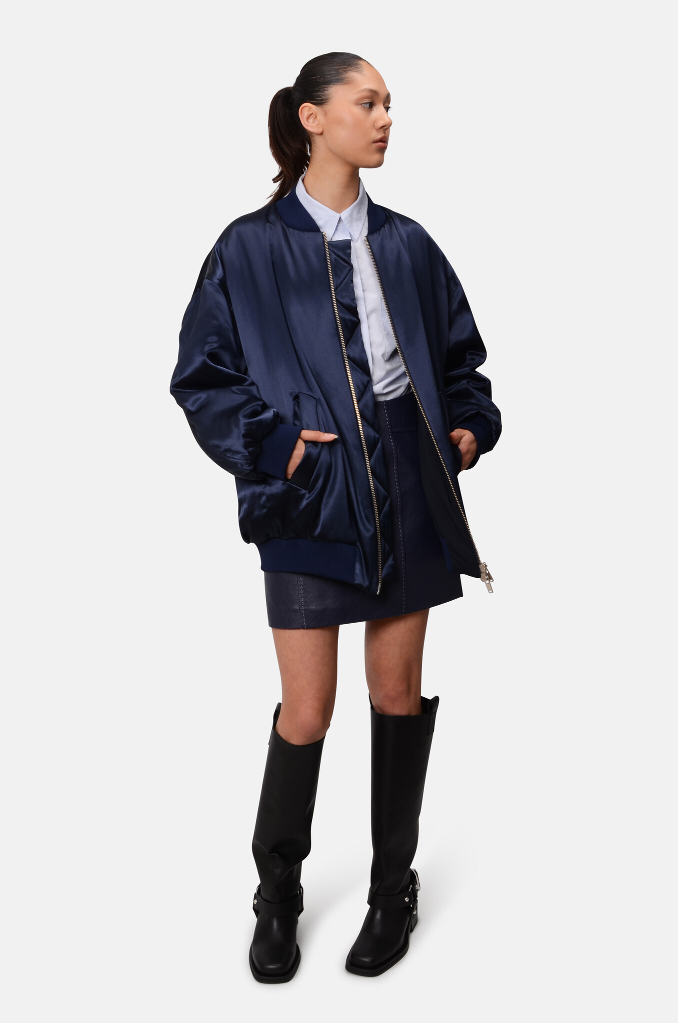 Satin Bomber Jacket in Navy-2