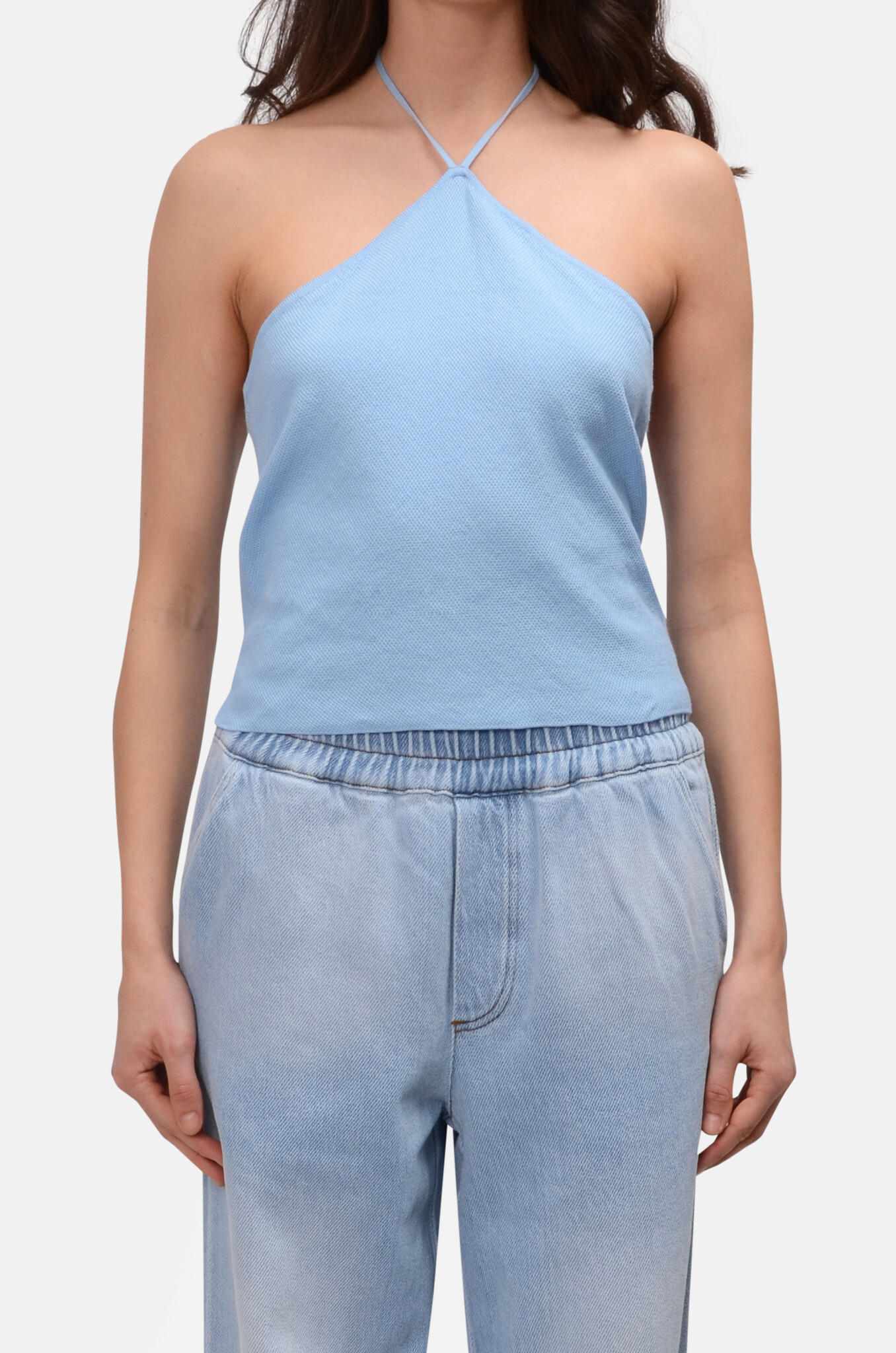 Piqué Halterneck Top in Light Blue-1