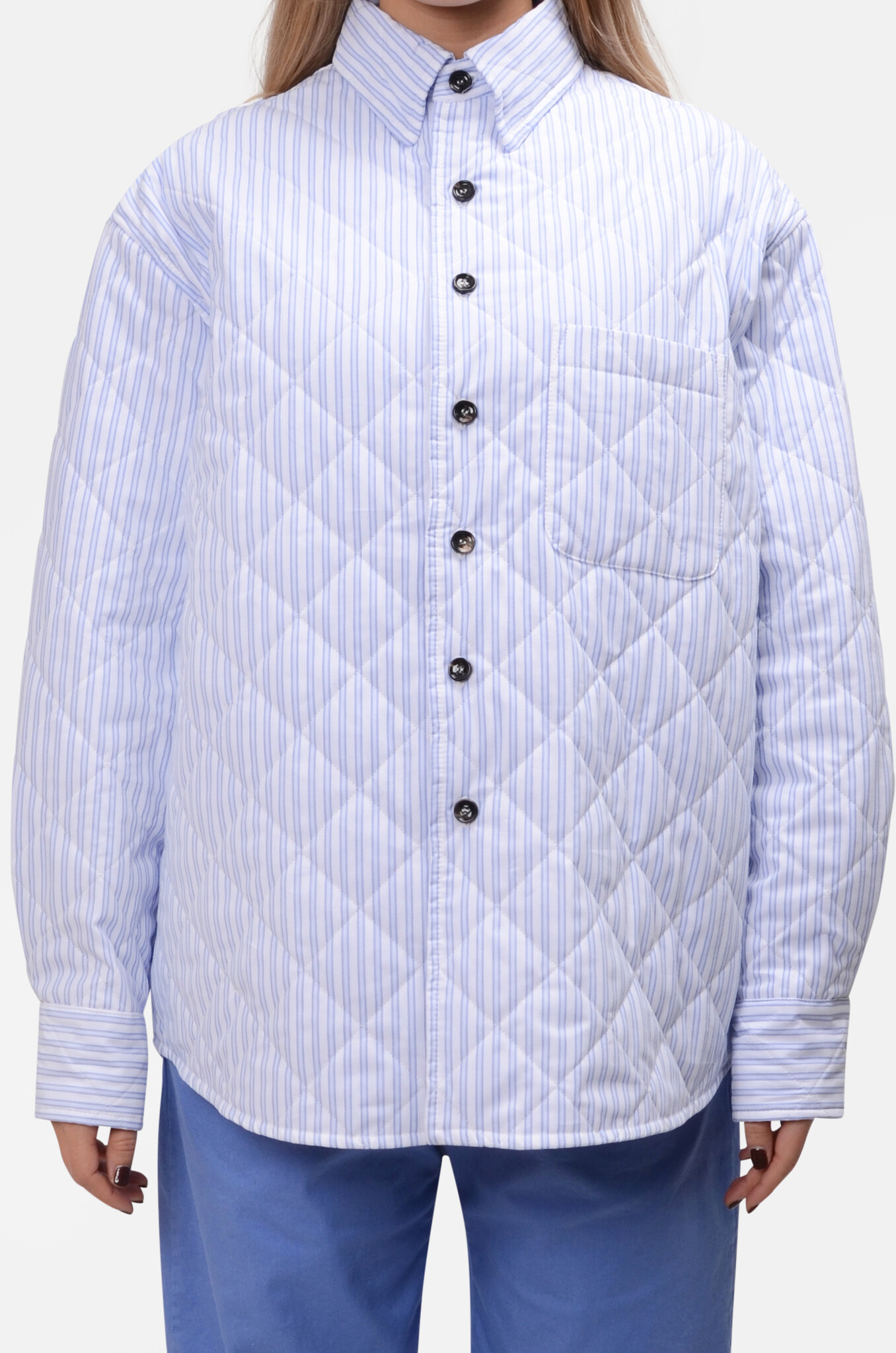 Quilted Popeline Overshirt in  White-Blue-1
