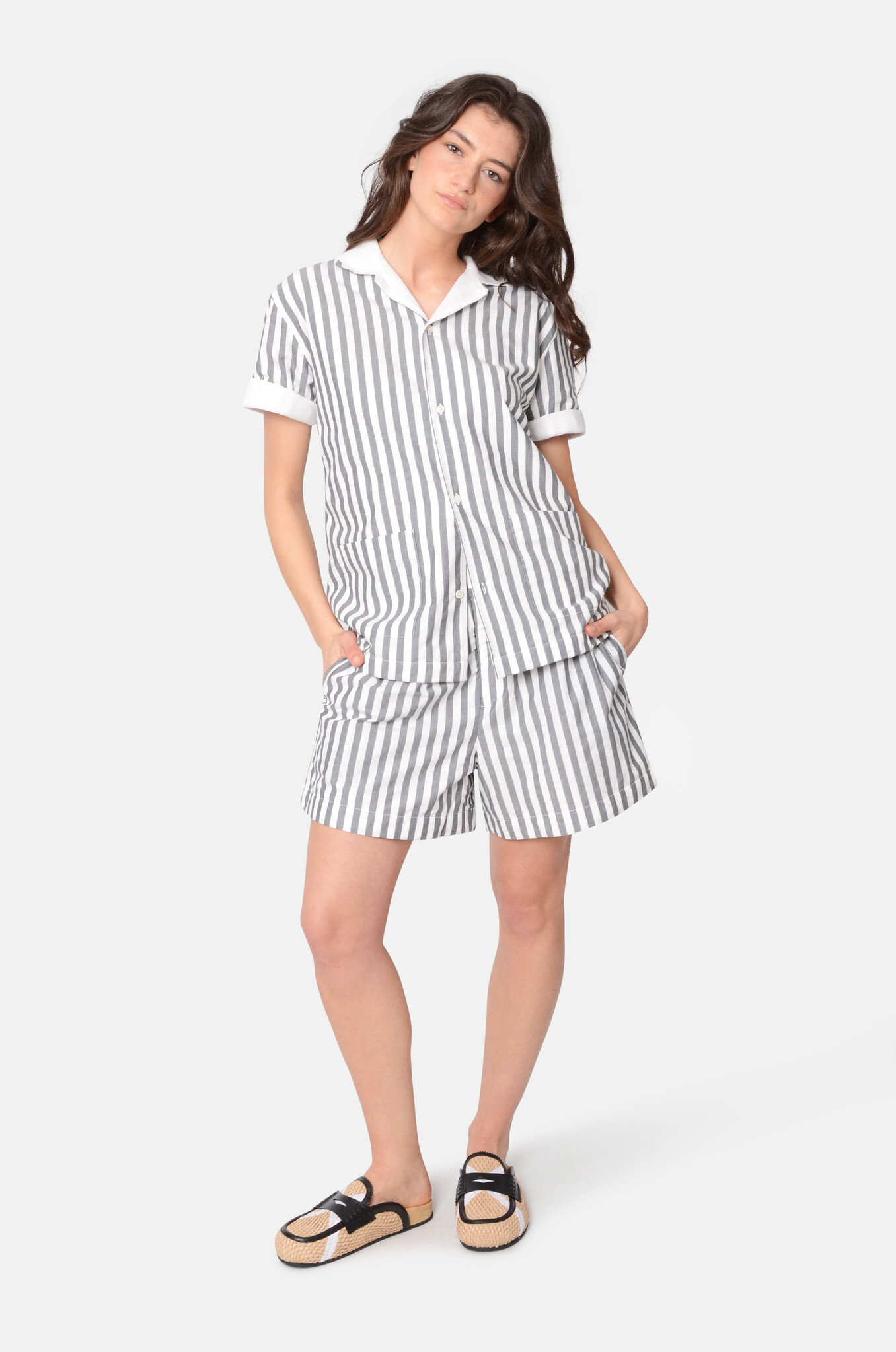 Striped Cotton and Towelling Shorts-2