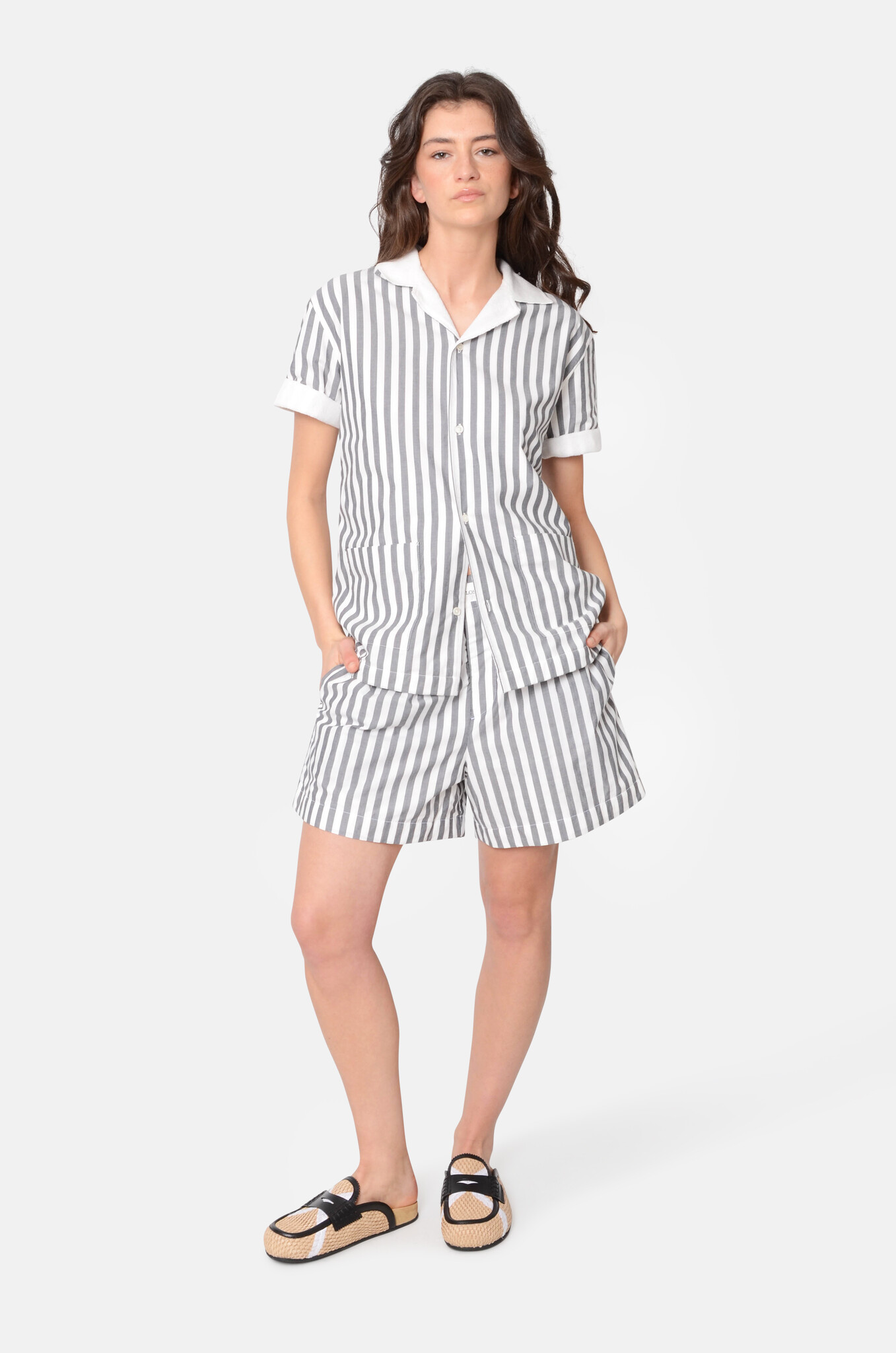 Striped Cotton and Towelling Shorts-6