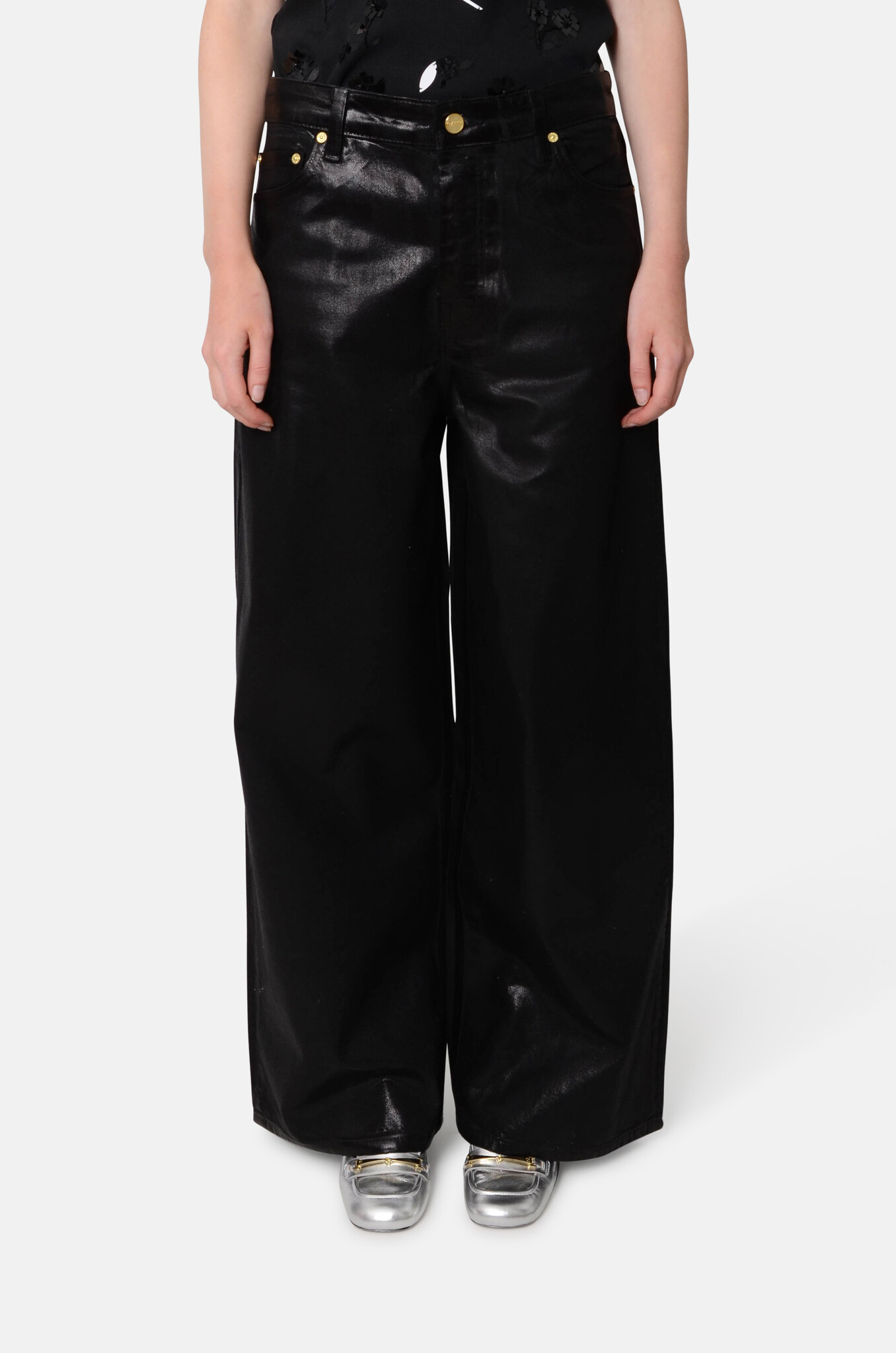 Black Foil Denim Wide Jeans-1