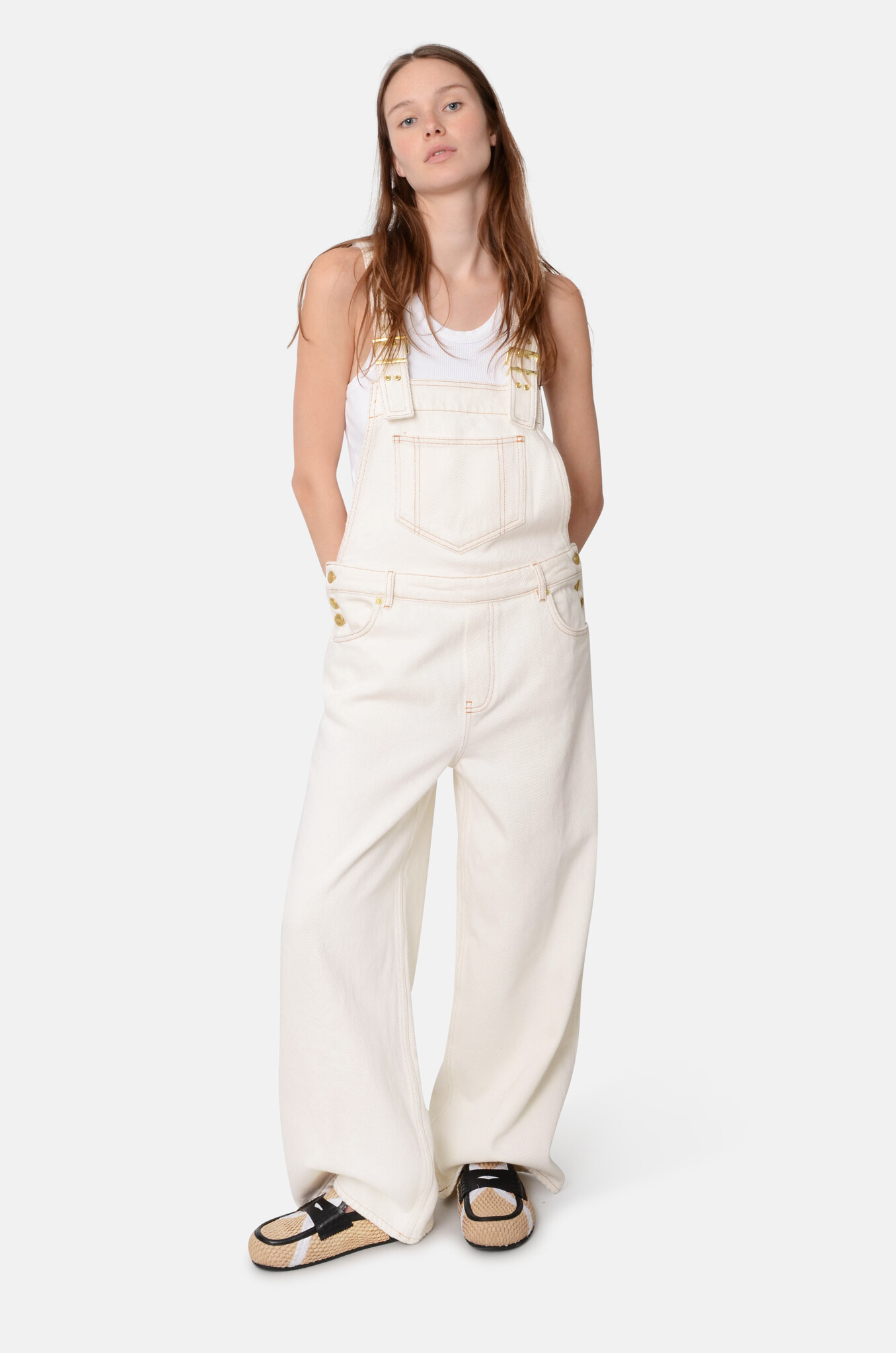 Egret White Heavy Denim Overalls-2