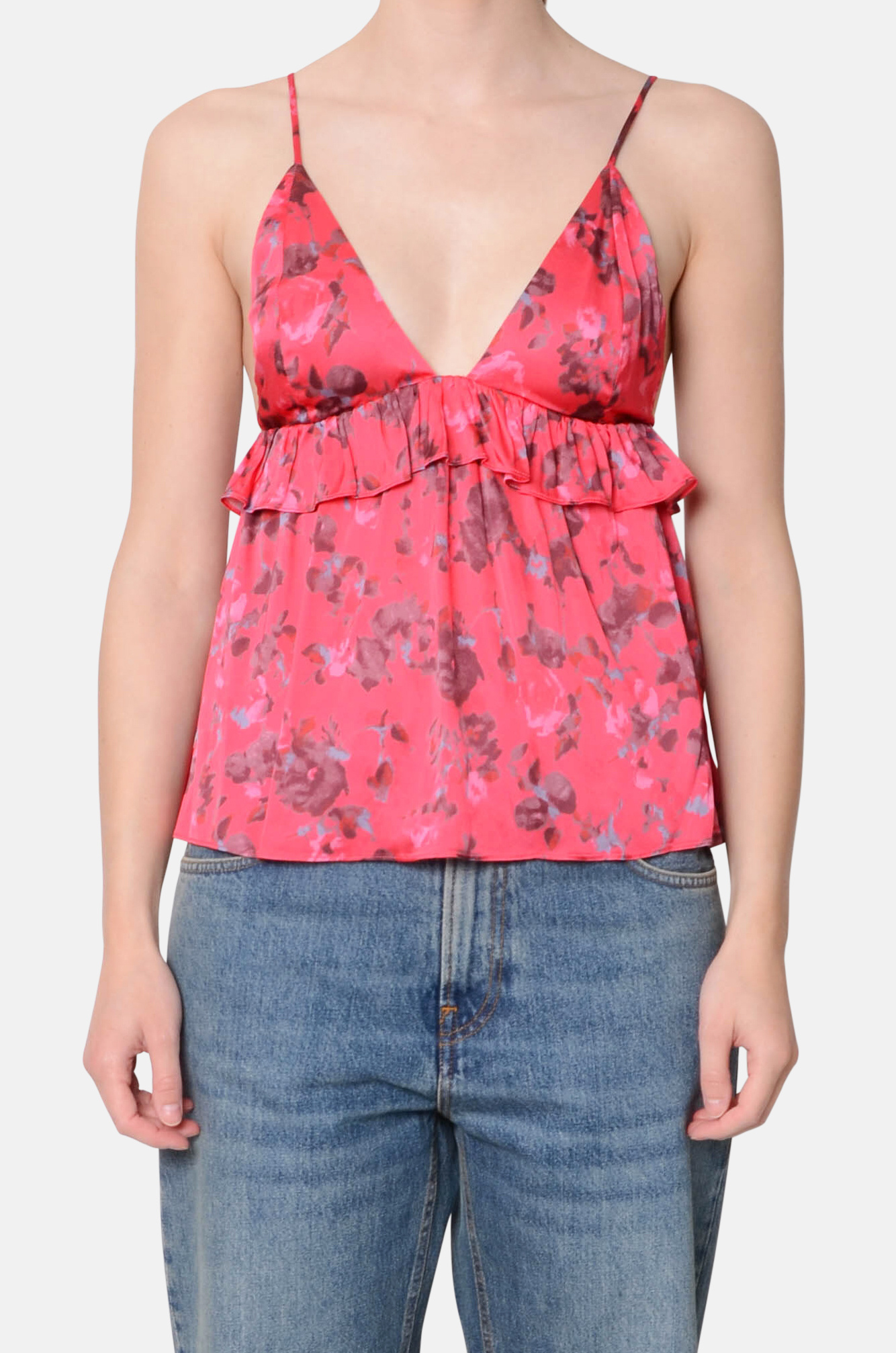 Red Floral Printed Satin Strap Top-1