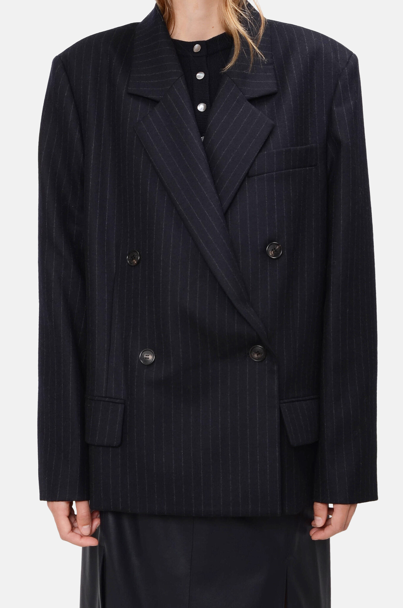 Classic Cropped Pinstripe Jacket in Dark Navy-1