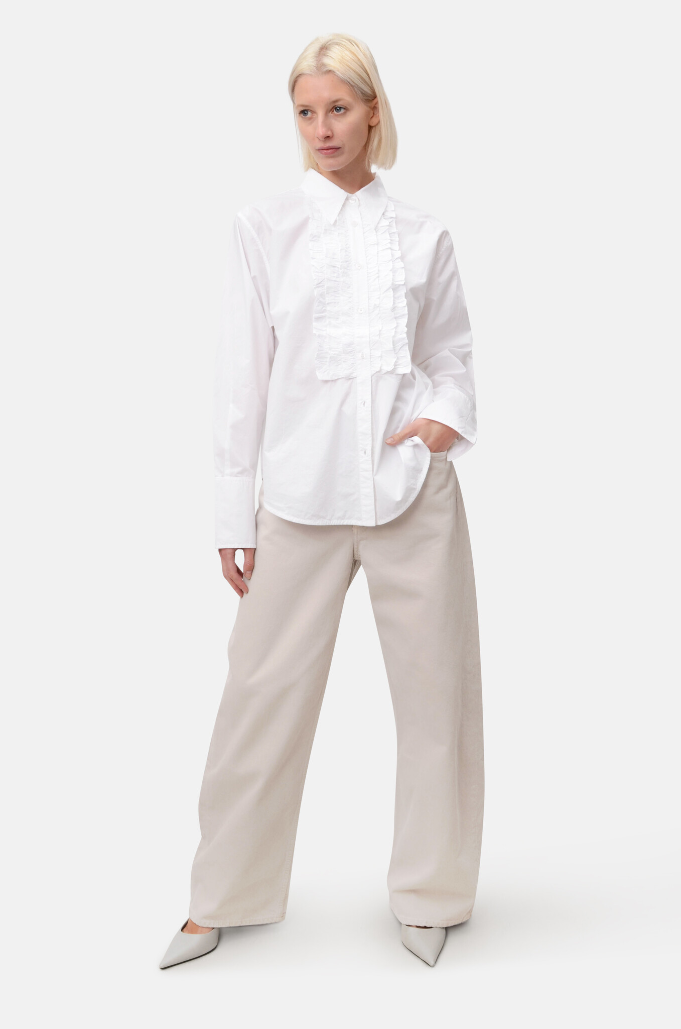 Ruffle Tuxedo Shirt in White-2