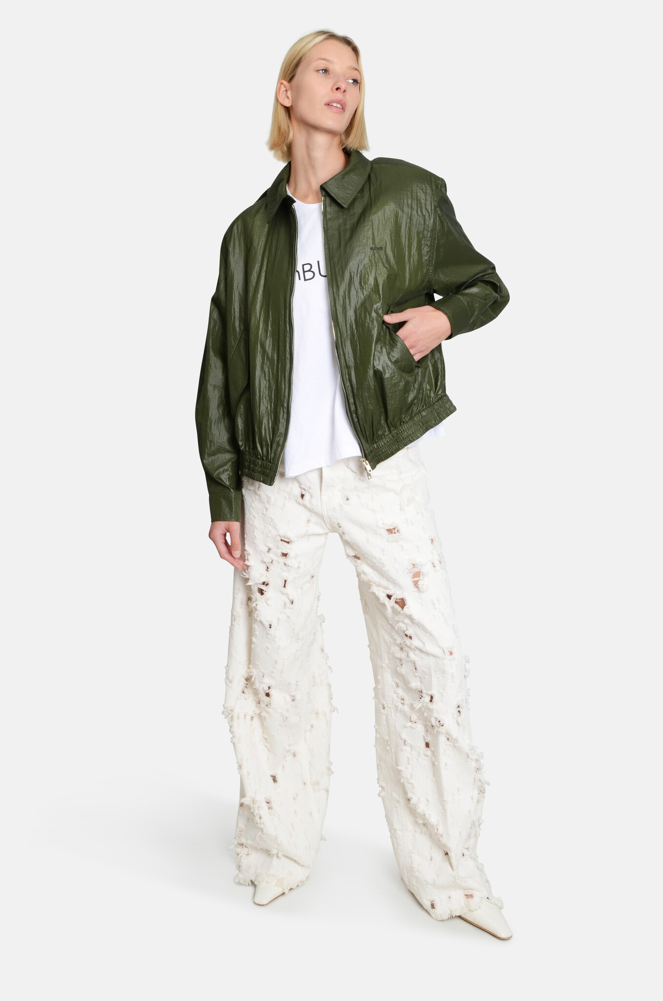 Nylon Layered Blouson in Green-2