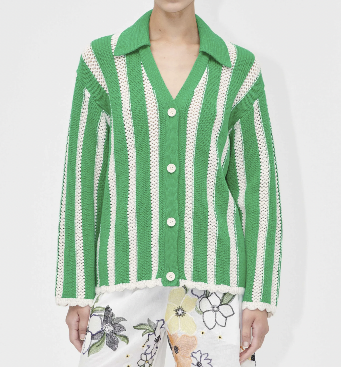 Knit Collar Cardigan Green Stripes-1