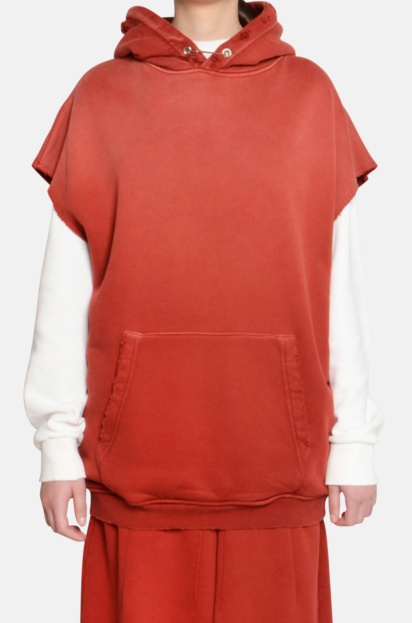Sun Bleached Ripped Sleeveless Hoodie in Chili-1