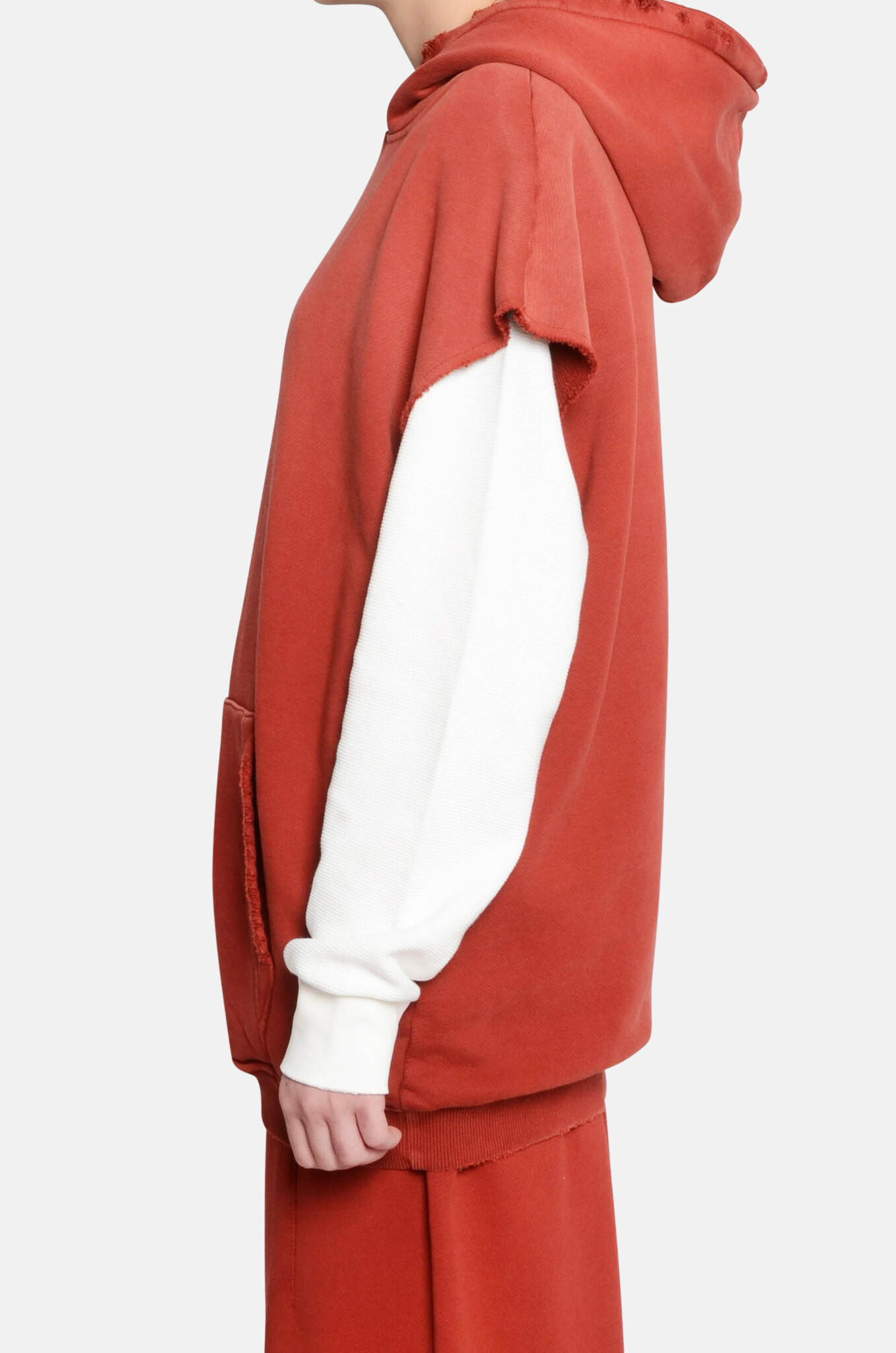 Sun Bleached Ripped Sleeveless Hoodie in Chili-3