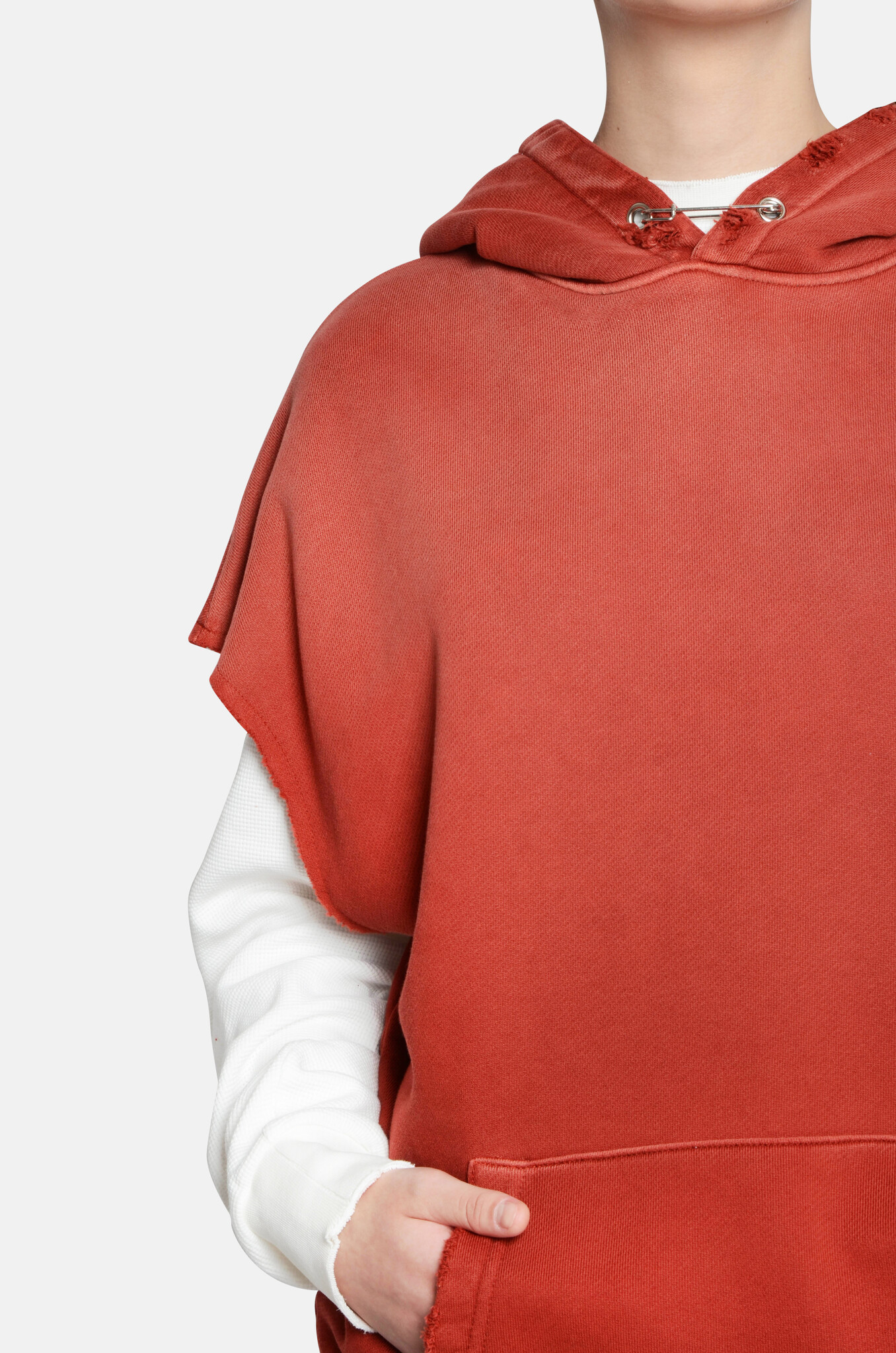 Sun Bleached Ripped Sleeveless Hoodie in Chili-5
