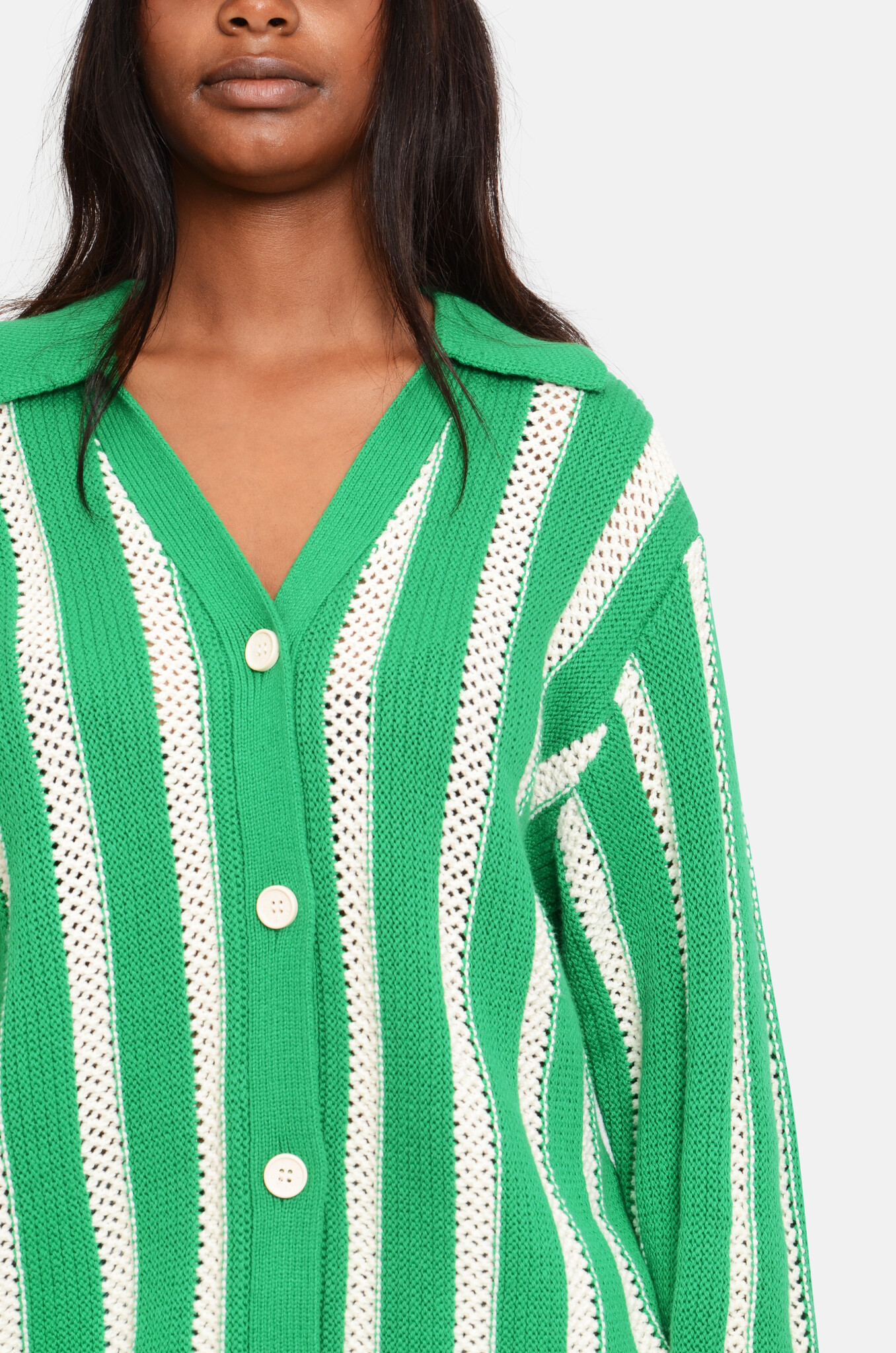 Knit Collar Cardigan Green Stripes-5