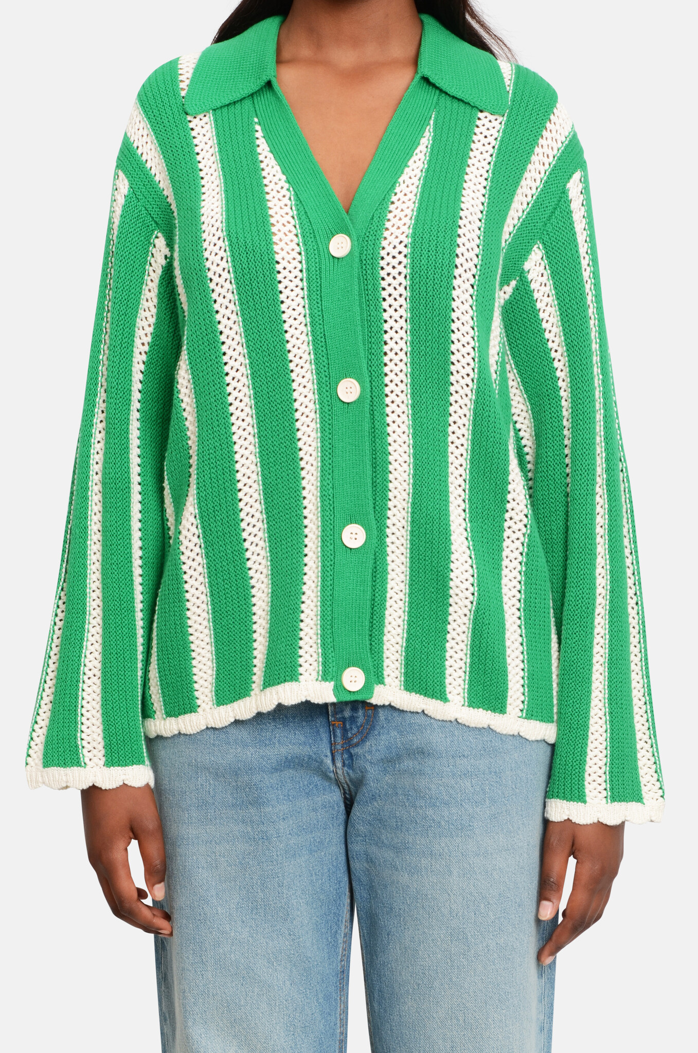 Knit Collar Cardigan Green Stripes-1