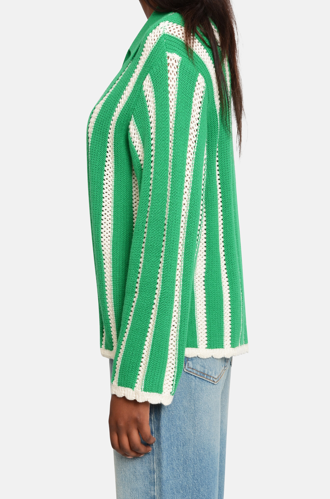 Knit Collar Cardigan Green Stripes-3