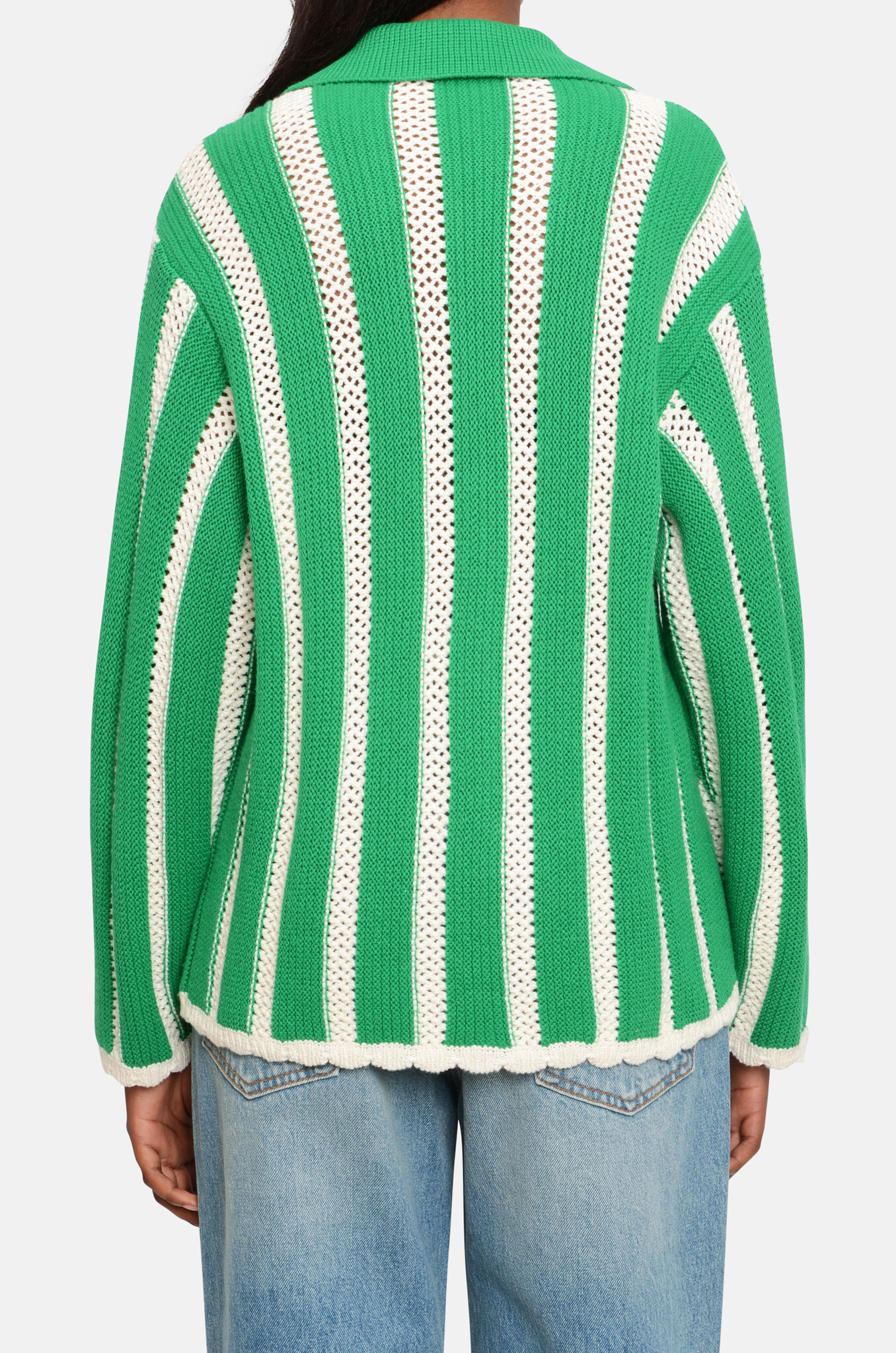 Knit Collar Cardigan Green Stripes-4
