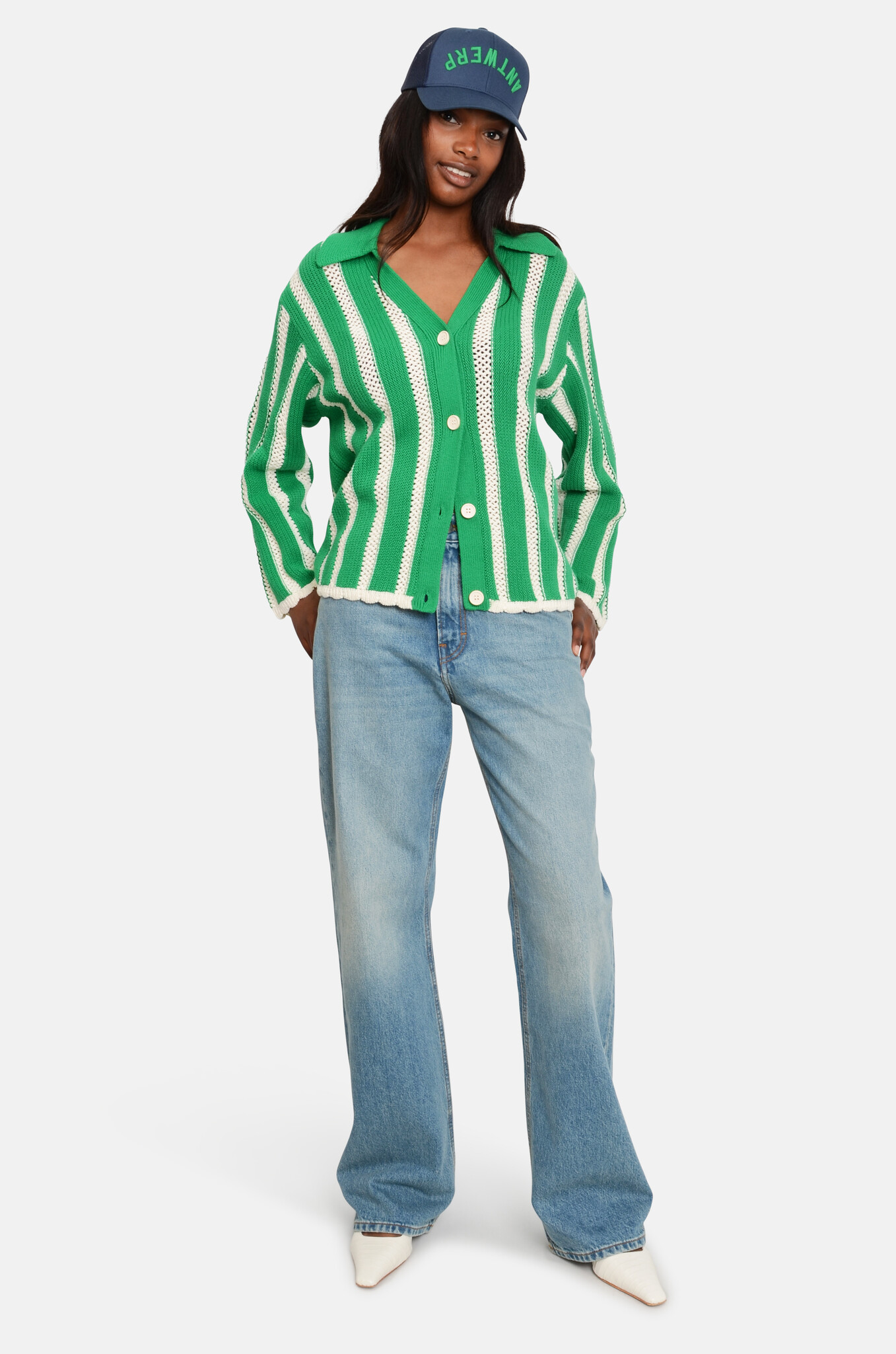 Knit Collar Cardigan Green Stripes-2