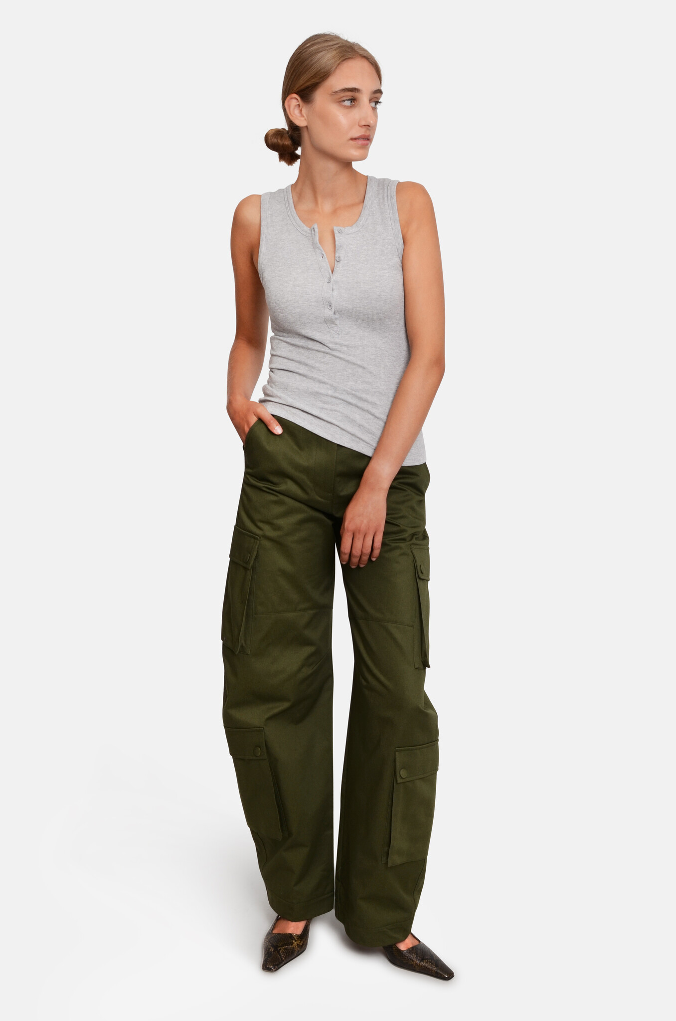 Curved Cargo Trousers in Olive-6