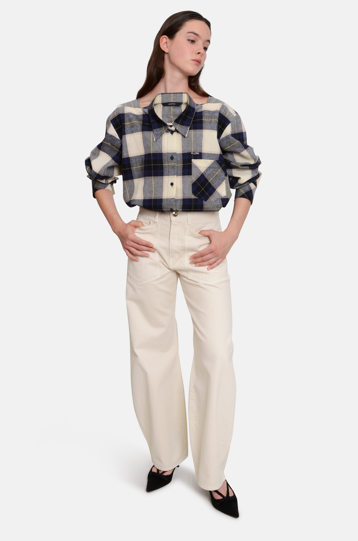 Navy Check Movable Collar Shirt-2